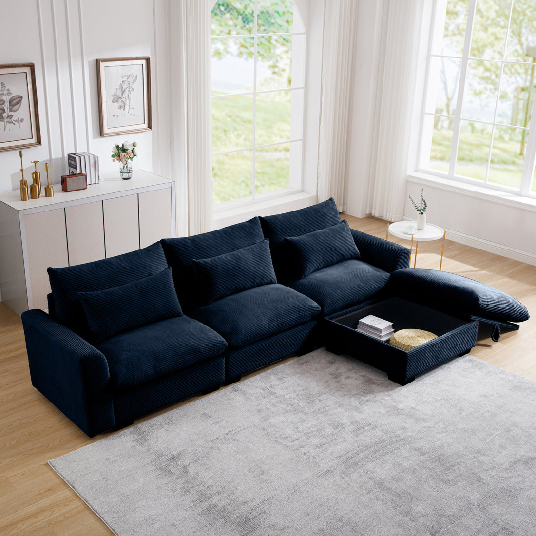 Corduroy Sectional Sofa, L Shaped Couch With Storage Footstool And 3 Pillow, Sectional Couch For Living Room Apartment, Bule Blue Corduroy 3 Seat