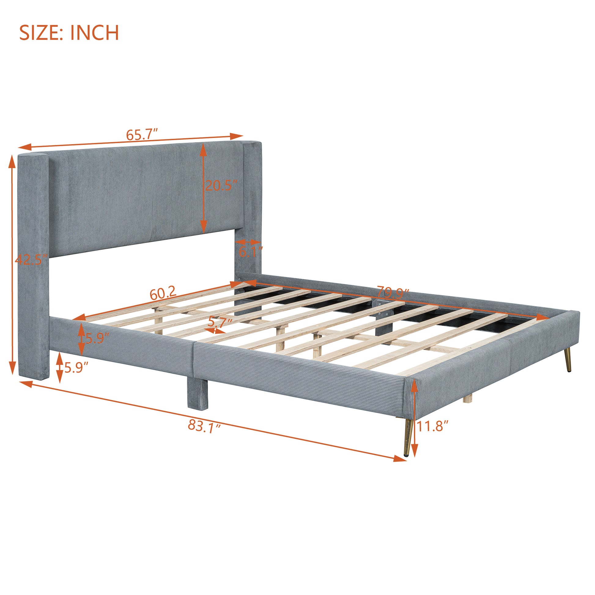 Queen Size Corduroy Platform Bed With Metal Legs, Gray Old Sku:Wf300238Aae Queen Gray Corduroy