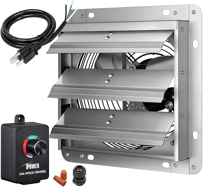 24 Inch Wall Mounted Shutter Exhaust Fan With Speed Controller And Power Cord Kit, Aluminum, 1400 Rpm, 4016 Cfm, For Attic, Garage, Louvered Vent, Plant, Greenhouse, Silver Silver Aluminum