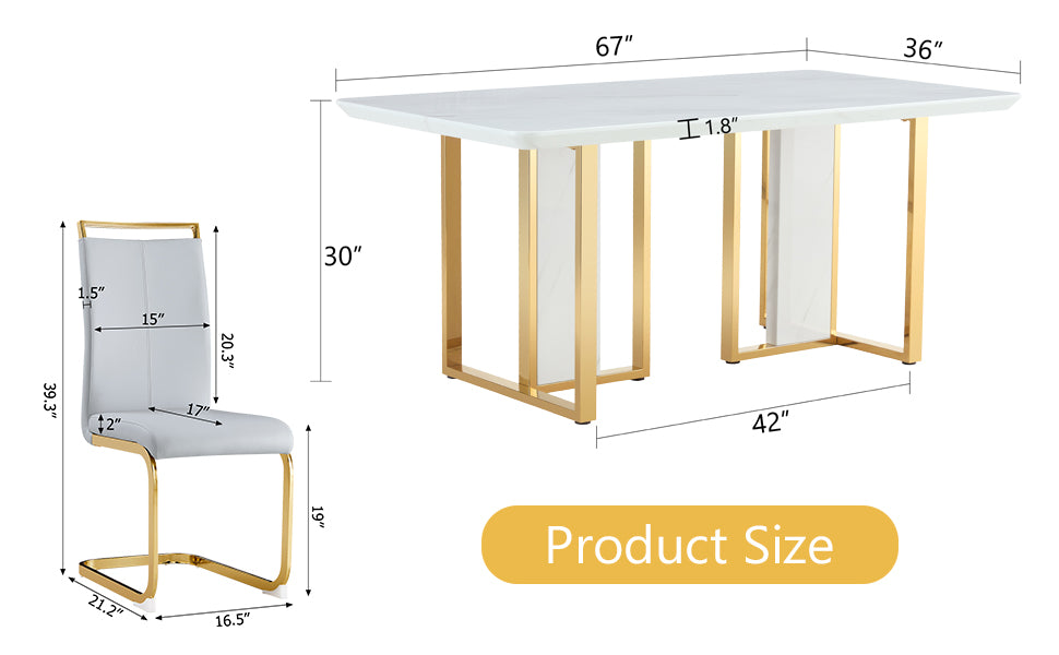 Table And Chair Set.67"X36" White Marble Pattern Mdf Dining Table Set With 8 Light Gray Pu Chairs.Mdf Sticker,White Marble Pattern Sticker,Gold C Tube Chair Legs,Suitable For Kitchen,Dining