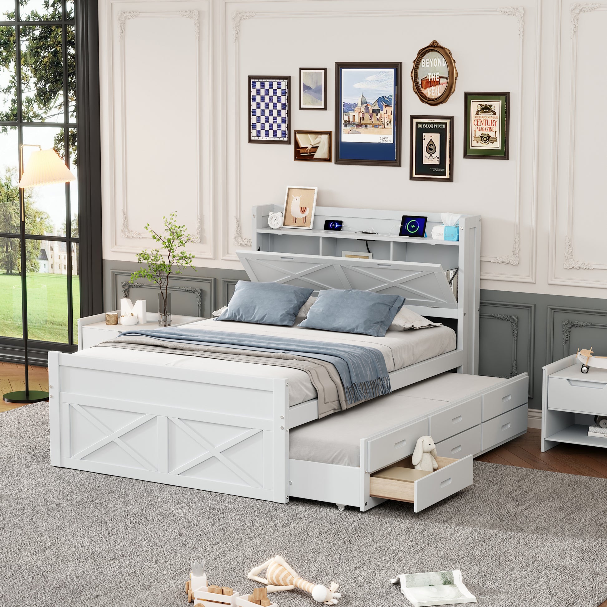 Full Size Wooden Bed With Storage Headboard With Outlets, Extendable Bed With Twin Size Trundle With Three Storage Drawers,White Expected Arrival Time:8.23 Full White Wood
