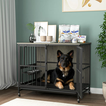 Modern Kennel Dogs Room Up To 80 Lb, Dog Crate Furniture With Multi Purpose Rremovable Ttray, Double Door Dog House, Lift Panel, 360 Degree Rotation 3 Height Adjustable Feeding Bowls Grey Antique Gray Mid Century Modern,Minimalist Dog Particle Board