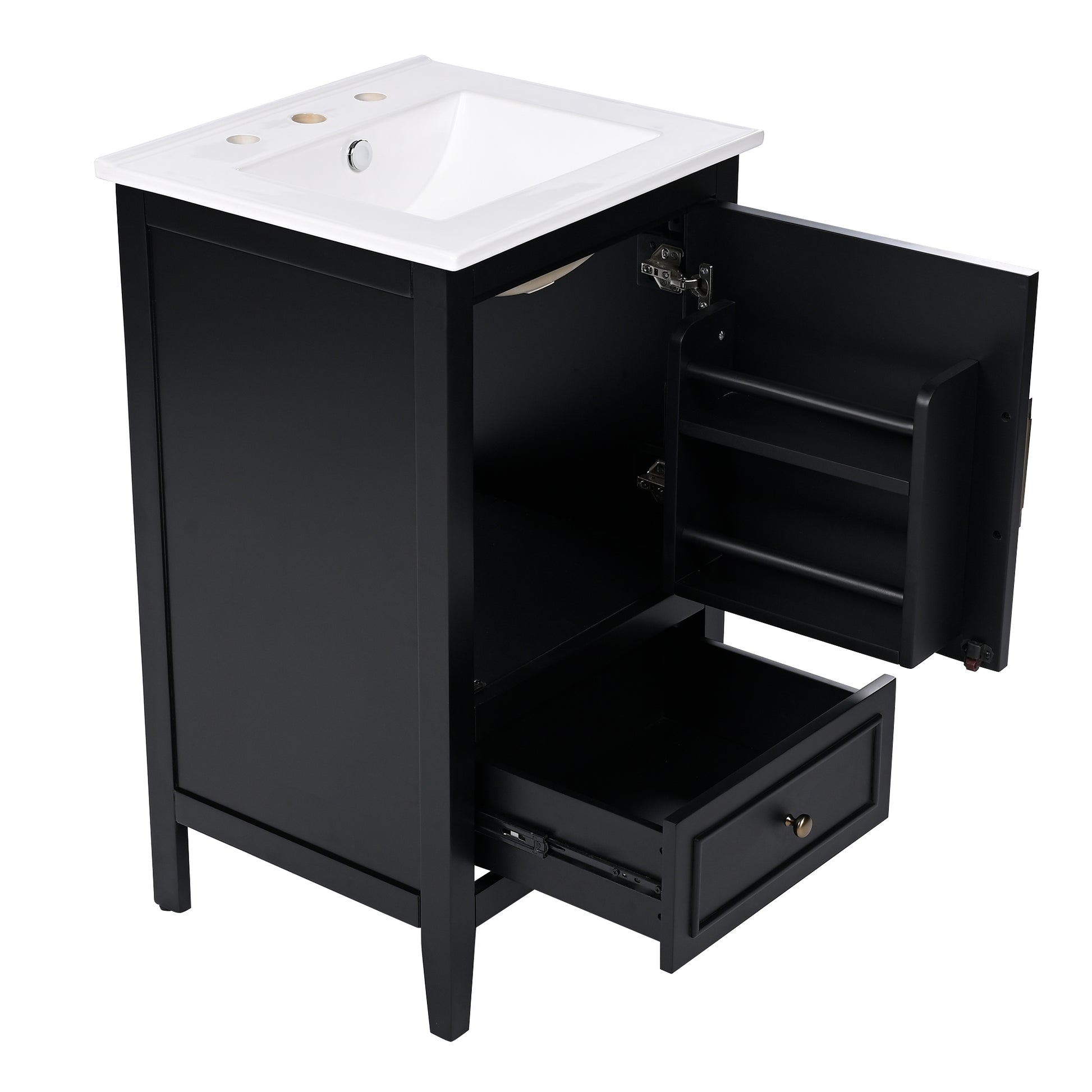 20" Bathroom Vanity With Sink, Bathroom Cabinet With Two Doors, Door Shelf Storage And Adiustable Foot Pads, A Drawer, Black Black Solid Wood Mdf