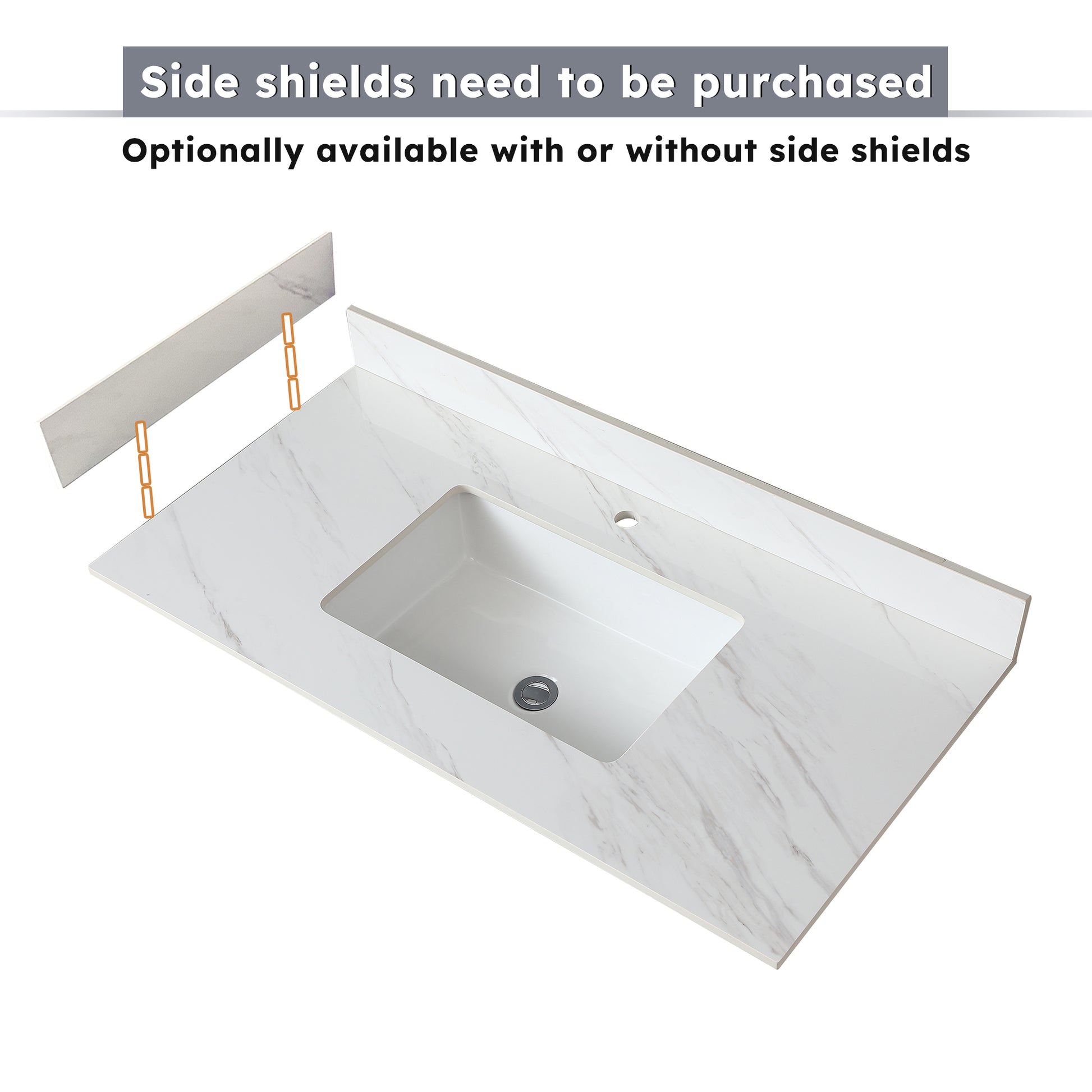 37 Inch Marble Vanity Top, White Vanity Top With Pre Drilled Faucet Holes, Bathroom Vanity Top With Undermount Rectangular Middle Sink And 4" Height Backsplash, Bianco Carrara Venato White Bathroom Sintered Stone