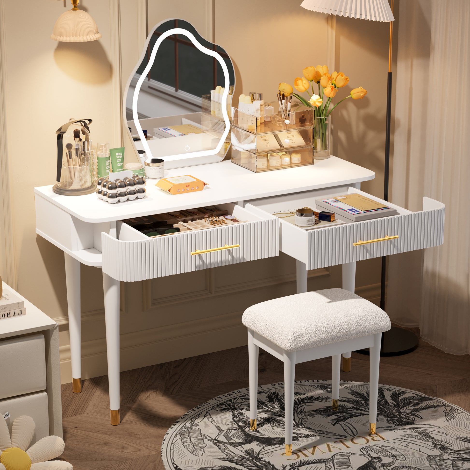 40" Modern Vanity Table Set With Mirror Touch Screen Lighted Mirror, Dressing Table And Cushioned Stool Set With 2 Large Drawers, White White 2 Drawers Rubberwood Mdf,Rubber Wood,Tempered Glass