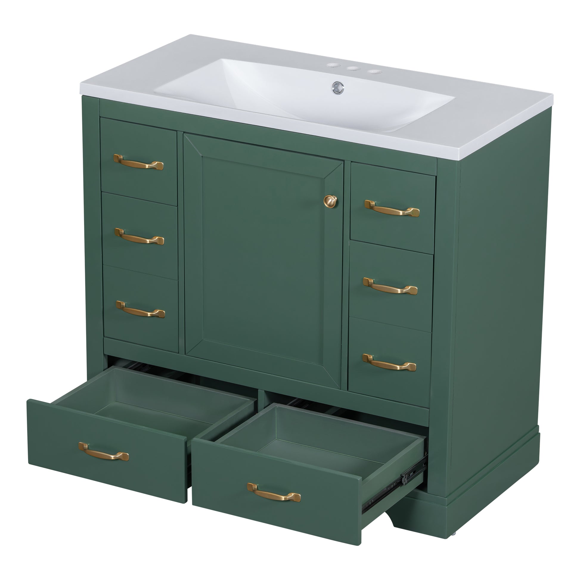 36" Bathroom Vanity With Sink Combo, Six Drawers, Multi Functional Drawer Divider, Adjustable Shelf, Green Green Solid Wood Mdf