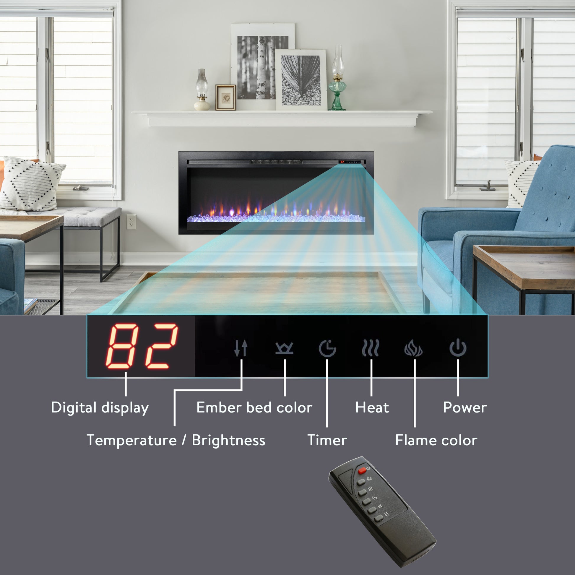44 Inch In Wall Recessed Electric Fireplace With Remote And Multi Color Flame & Emberbed, Led Light Heater Powder Coated Electric Antique Black Vent Free Yes Insert Tempered Glass Sheet Metal