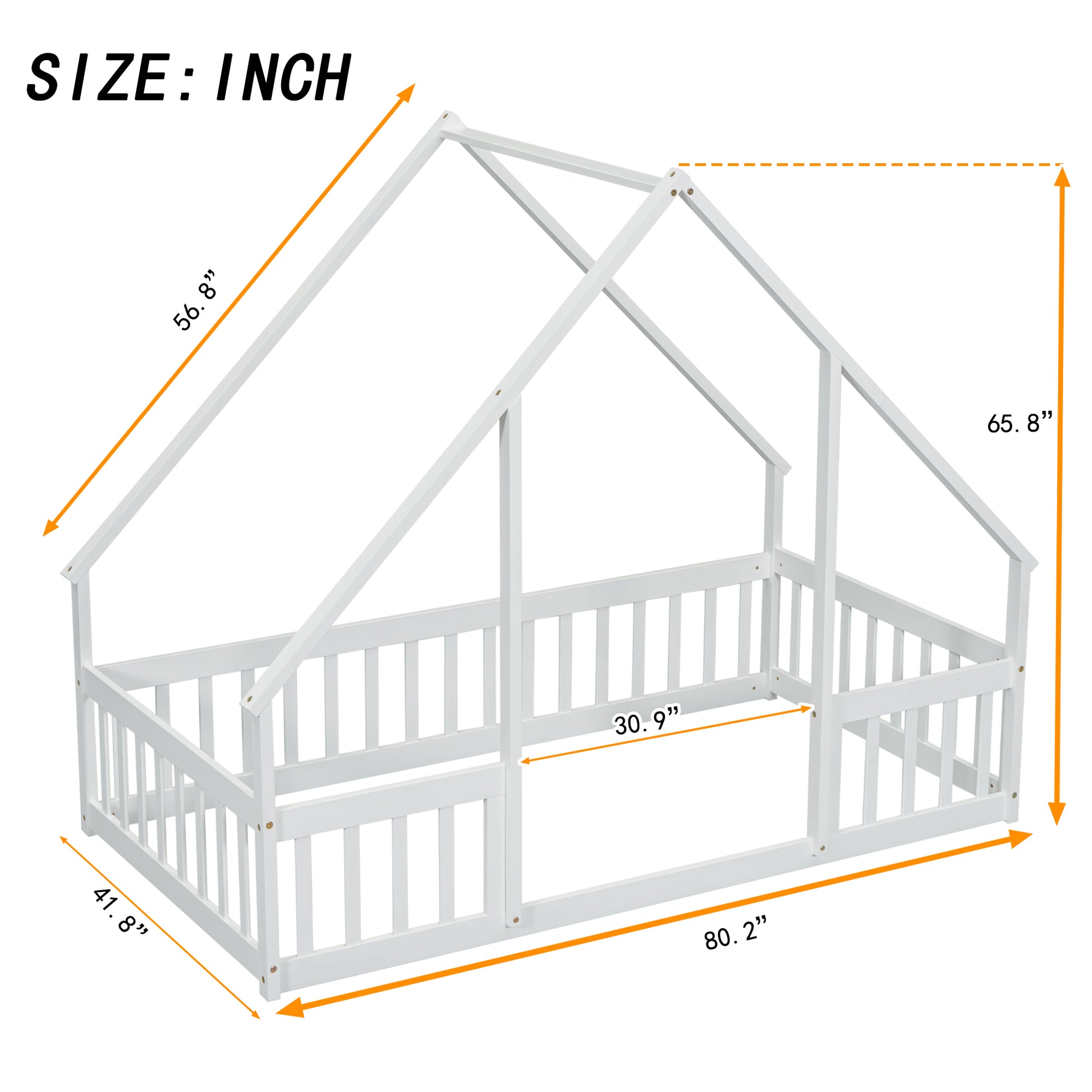 Twin Wood House Shaped Floor Bed With Fence, Guardrails ,White Twin White American Design Pine