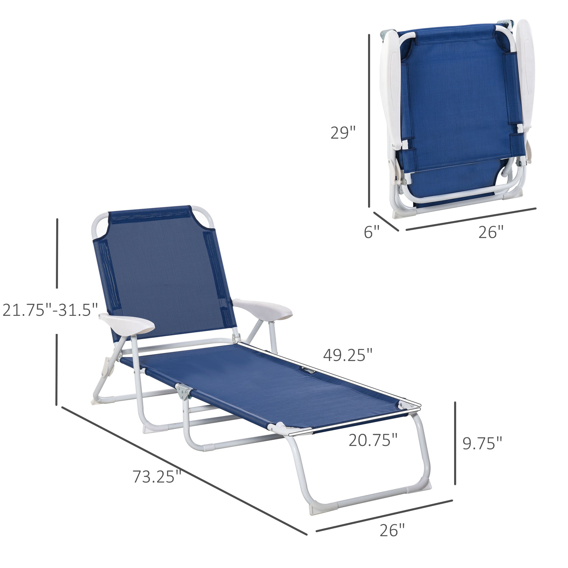 Outsunny Folding Chaise Lounge, Outdoor Sun Tanning Chair, 4 Position Reclining Back, Armrests, Metal Frame And Mesh Fabric For Beach, Yard, Patio, Blue Blue Metal