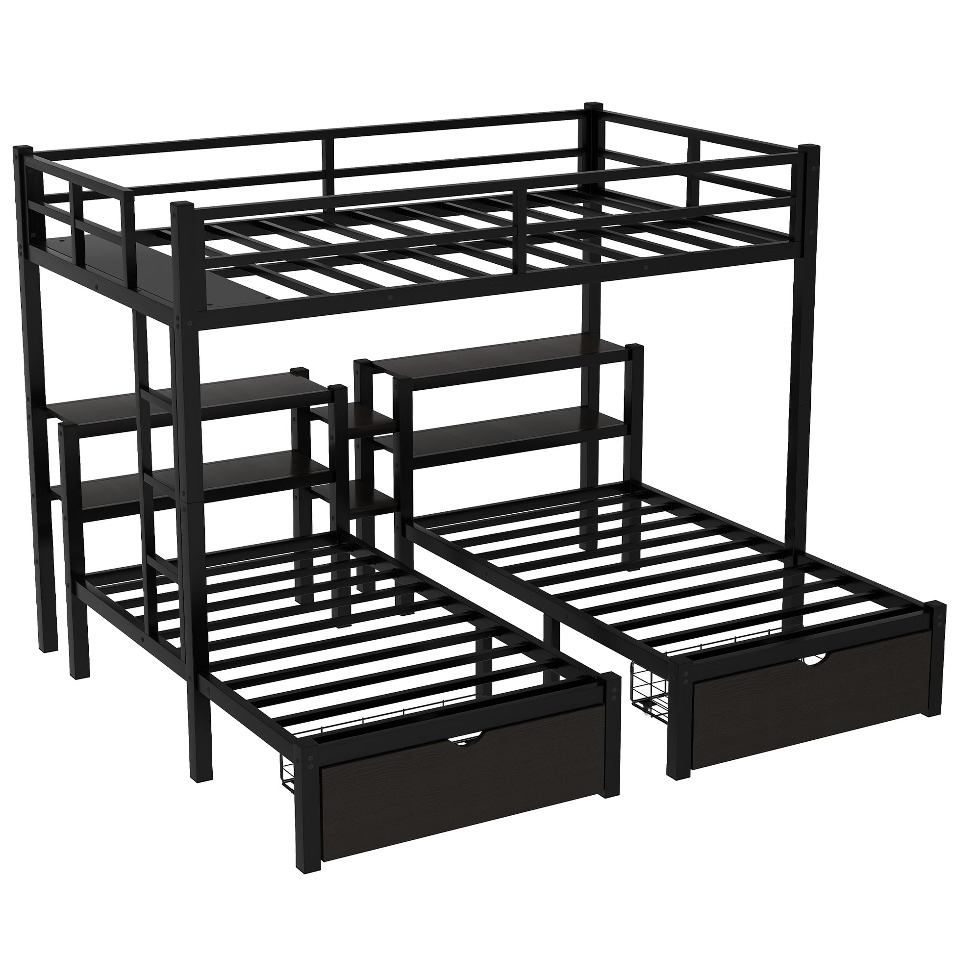 Full Xl Over Twin & Twin Triple Bunk Bed With Drawers,Multi Functional Metal Frame Bed, Bed Head With Shelving, Black Full Xl Black Metal