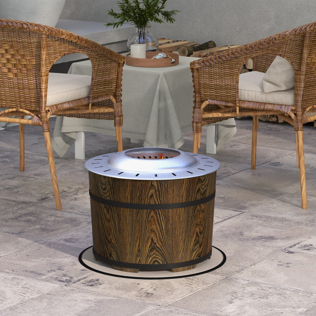 Outsunny Smokeless Fire Pit With Fireproof Mat, 20" Barrel Style Portable Wood Burning Firepit, Magnesium Oxide Low Smoke Camping Bonfire Stove For Backyard, Patio, Picnic, Brown Brown Magnesium Oxide