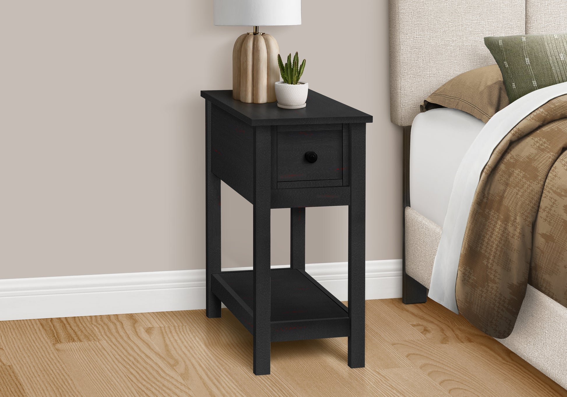 Accent Table, 2 Tier, End, Lamp, Nightstand, Side Table, Narrow, Small, Storage Drawer, Bedroom, Black Veneer, Transitional Black Mdf