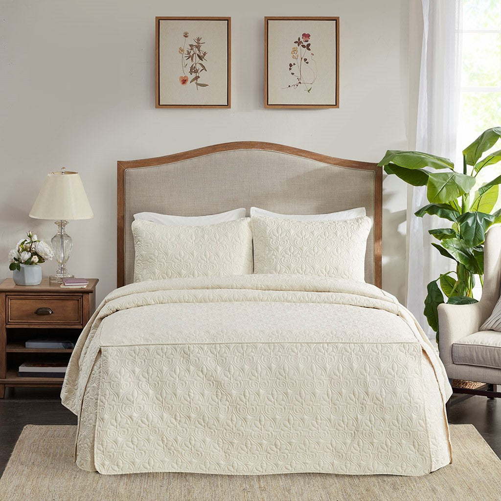 3 Piece Split Corner Pleated Quilted Bedspread Cream Queen Cream Polyester