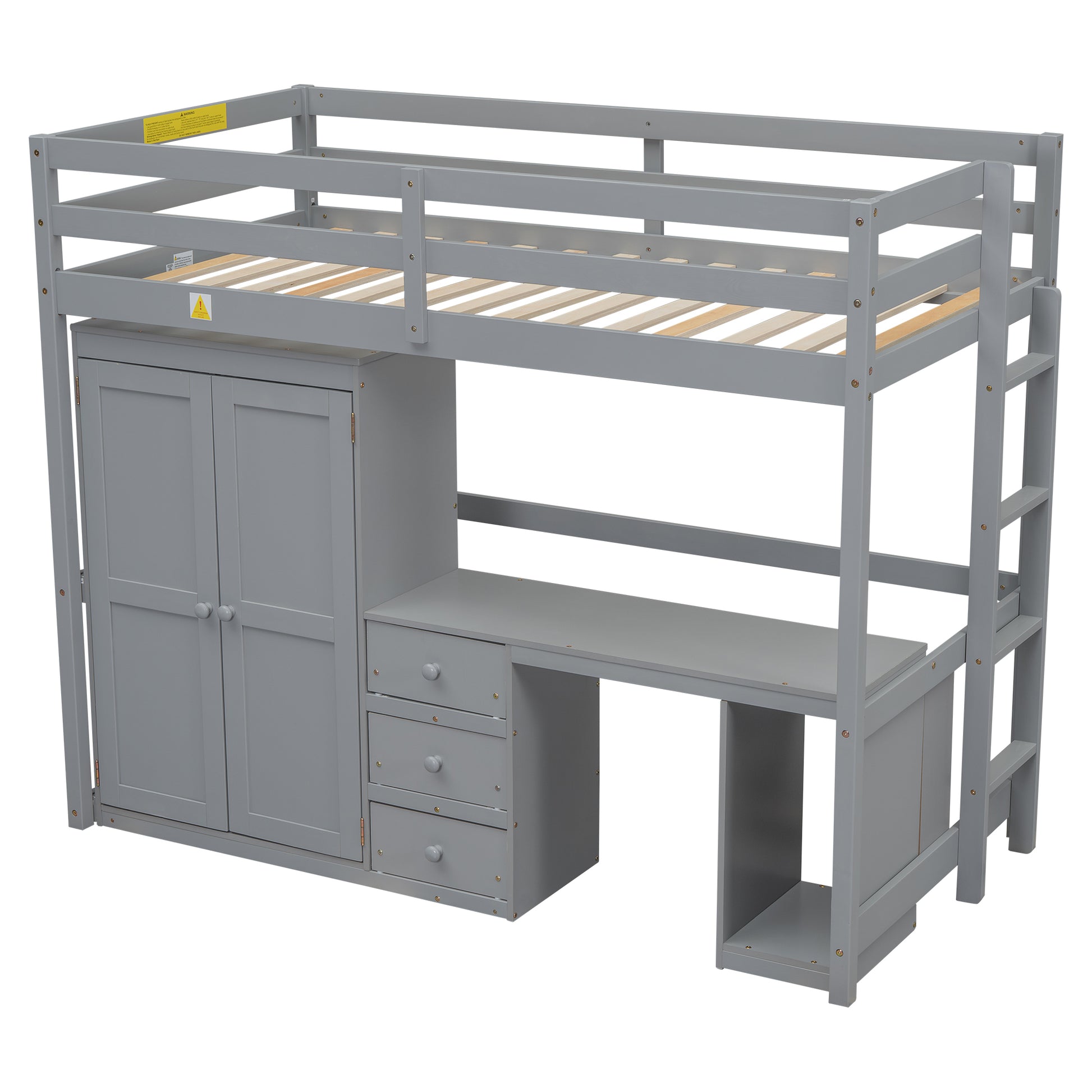 Twin Size Loft Bed With Wardrobe, Desk And Storage Drawers, Gray Twin Gray Pine