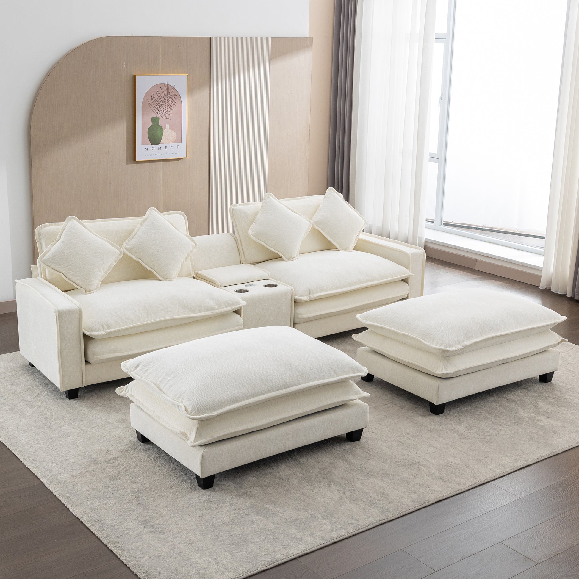 112.6" Sectional Sofa Chenille Upholstered Sofa With Two Removable Ottoman, Two Usb Ports, Two Cup Holders And Large Storage Box For Living Room, Beige Beige Foam Chenille 2 Seat