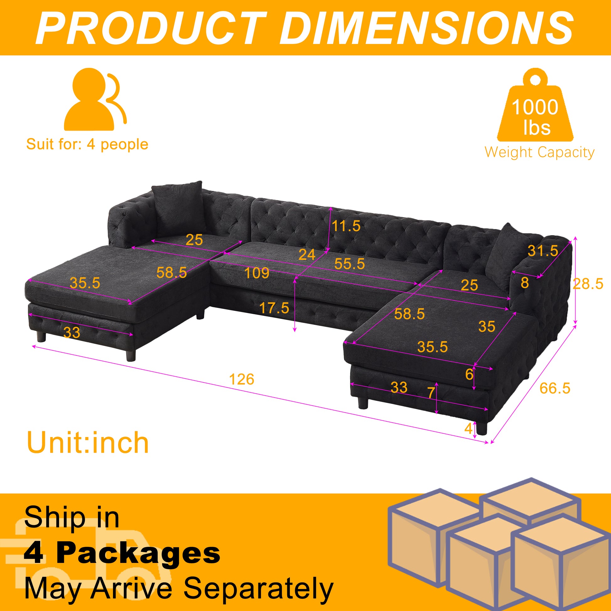 126 Inch Modern Style Chenille Three Piece Sofa, Pull Point Design U Shaped Sofa Two Chaise Longue Seats, Two Pillows And Plastic Feet, Suitable For Living Room, Bedroom, Lounge And Projection Room