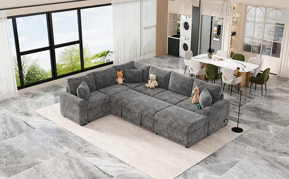 112.2" Sectional Sofa Pull Out Sofa Bed Sleeper With A Storage Ottoman,Three Pillows And Charging Devices For Living Room, Grey Grey Foam Chenille 6 Seat