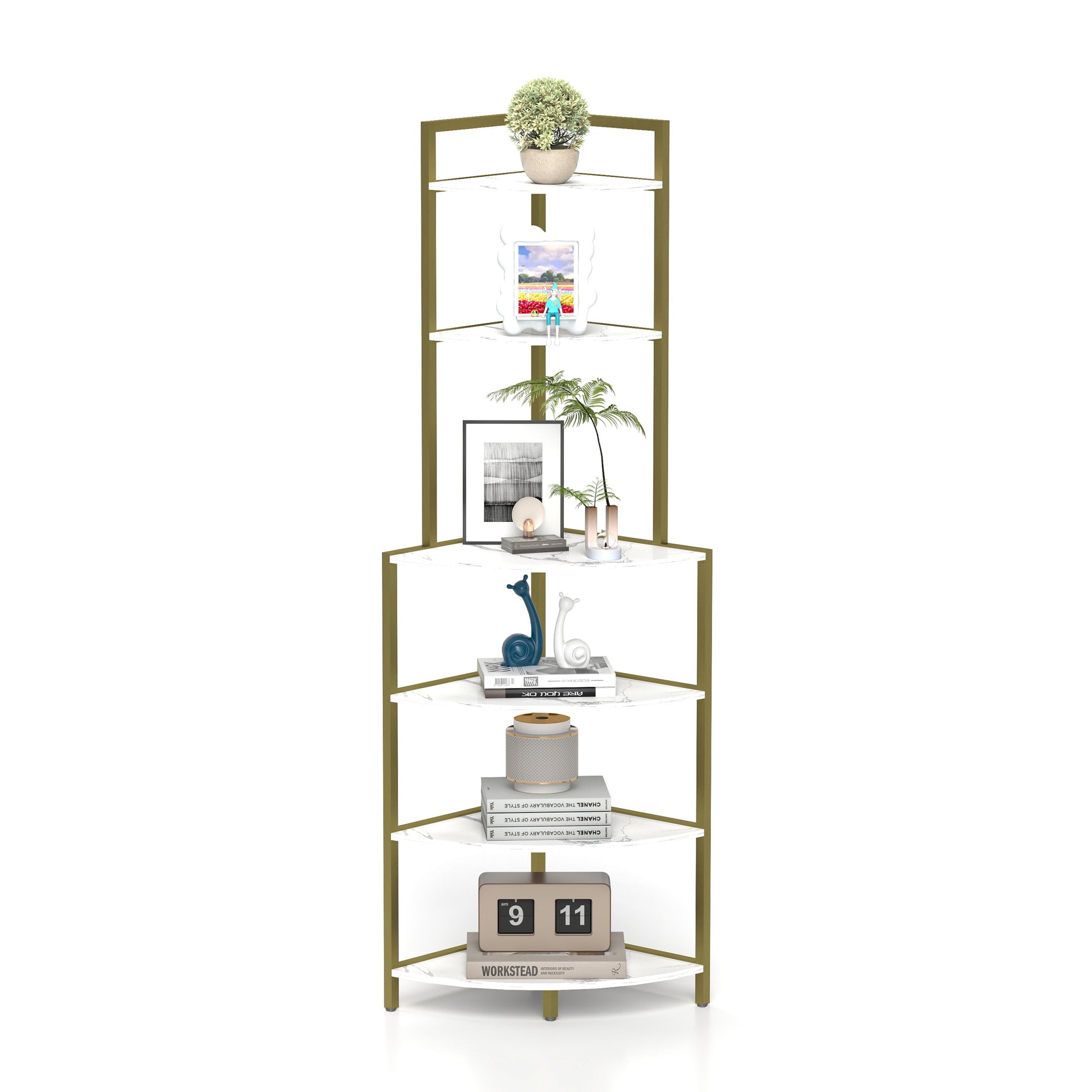 6 Tier Corner Open Shelf Modern Bookcase Wood Rack Freestanding Shelving Unit,Plant Album Trinket Sturdy Stand Small Bookshelf Space Saving For Living Room Home Office Kitchen Small Space Rustic Brown Gold White Corner Office American Design,Rustic