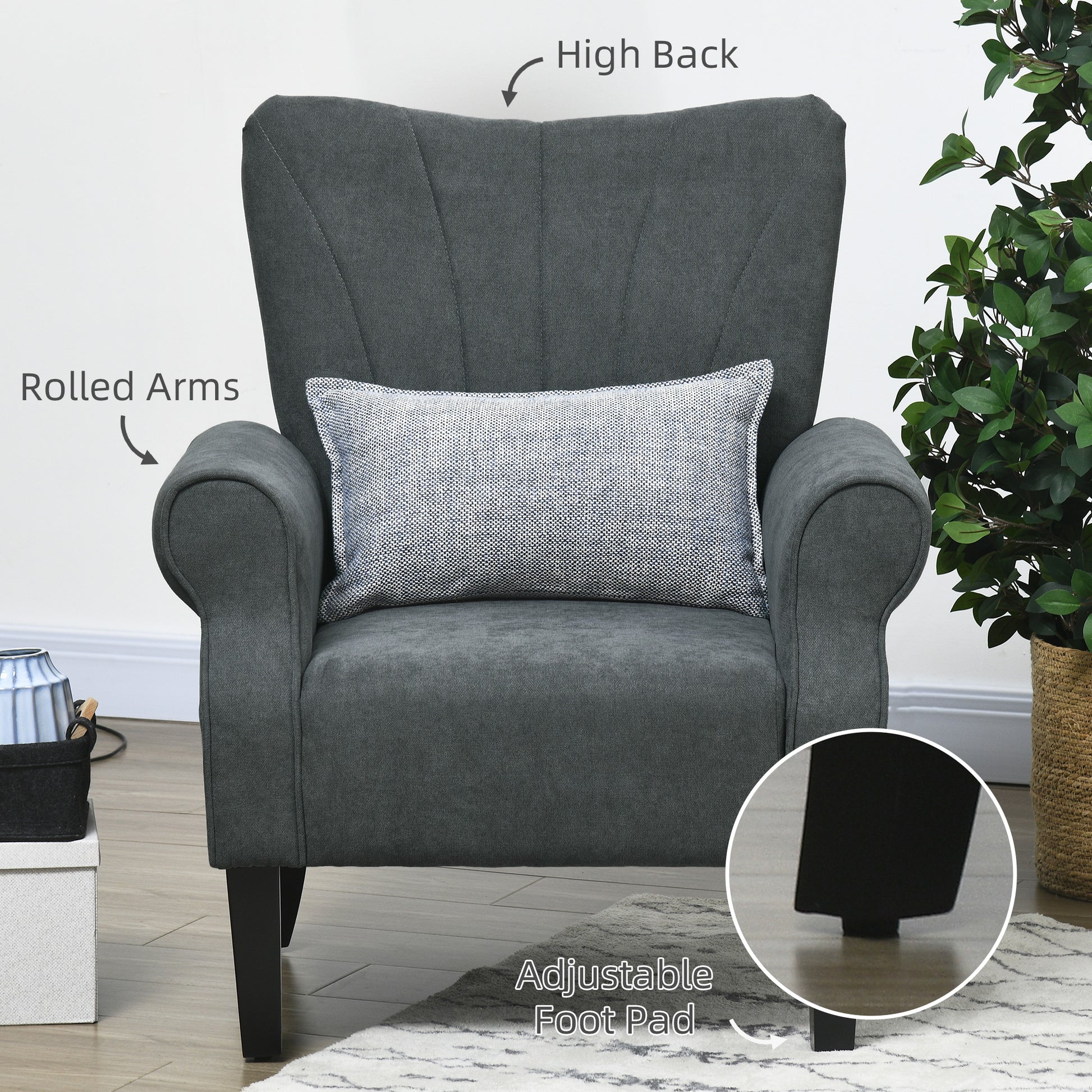 Homcom Fabric Accent Chair, Mid Century Modern Armchair With Wood Legs, Soft & Padded, Rolled Arms, Upholstered Single Sofa Side Chair For Living Room, Dark Gray Dark Gray Wood 1 Seat