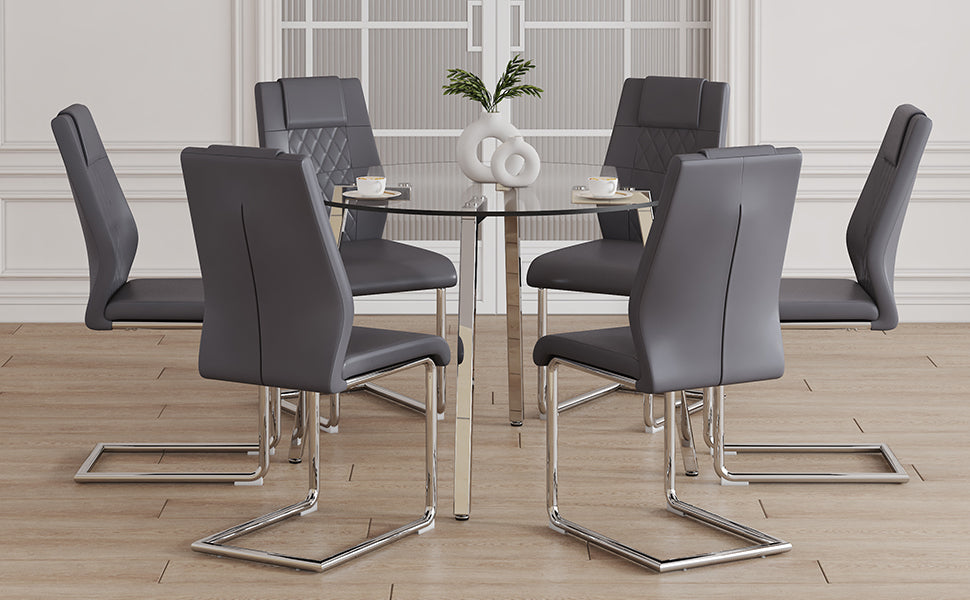 Table And Chair Set.A Modern Minimalist Style Round Clear Tempered Glass Table With Silver Metal Legs.And 6 Dark Gray Chairs With Modern Pu Leather High Back Upholstered And C Tube Chrome Legs. Dark Gray,Silver Seats 6 Glass Metal