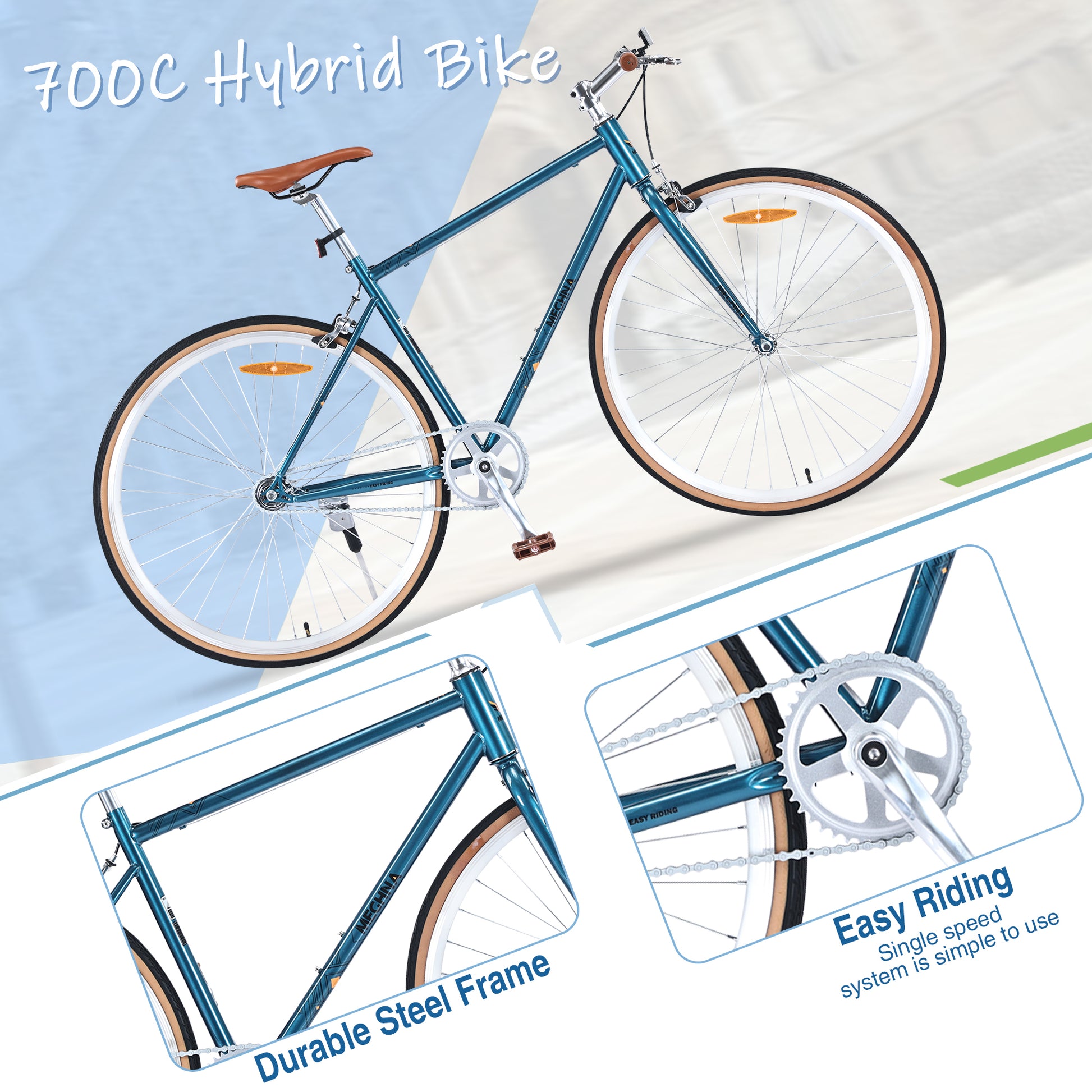 Single Speed Retro Style 700C Road Bike For Men Women'S City Bicycle,Steel Frame Blue Steel