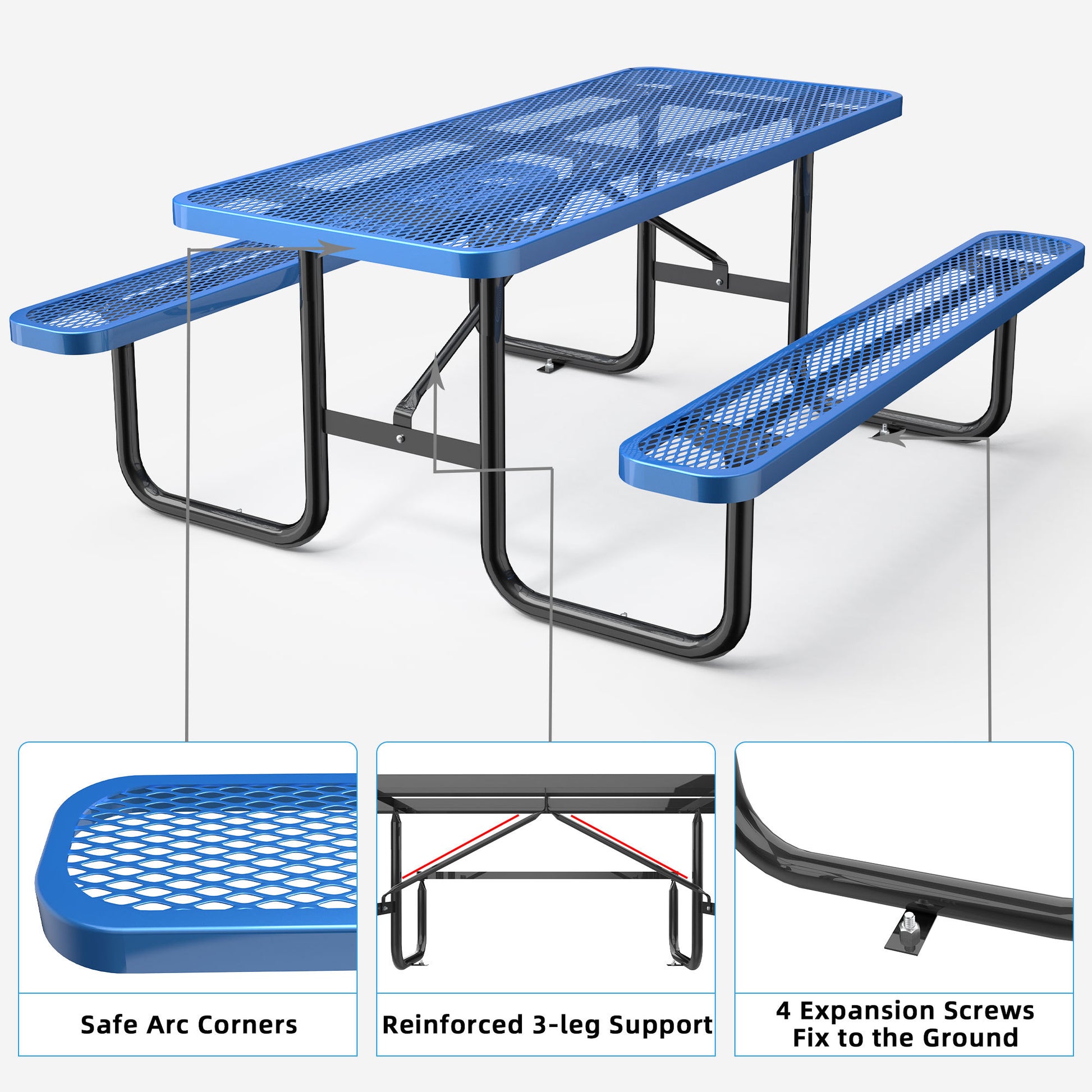 72" Expanded Metal Rectangular Picnic Table, Blue Blue Steel Steel