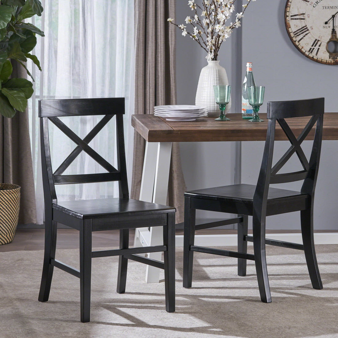 Roshan Farmhouse Acacia Wood Dining Chairs, Black Set Of 2 Black Acacia Wood