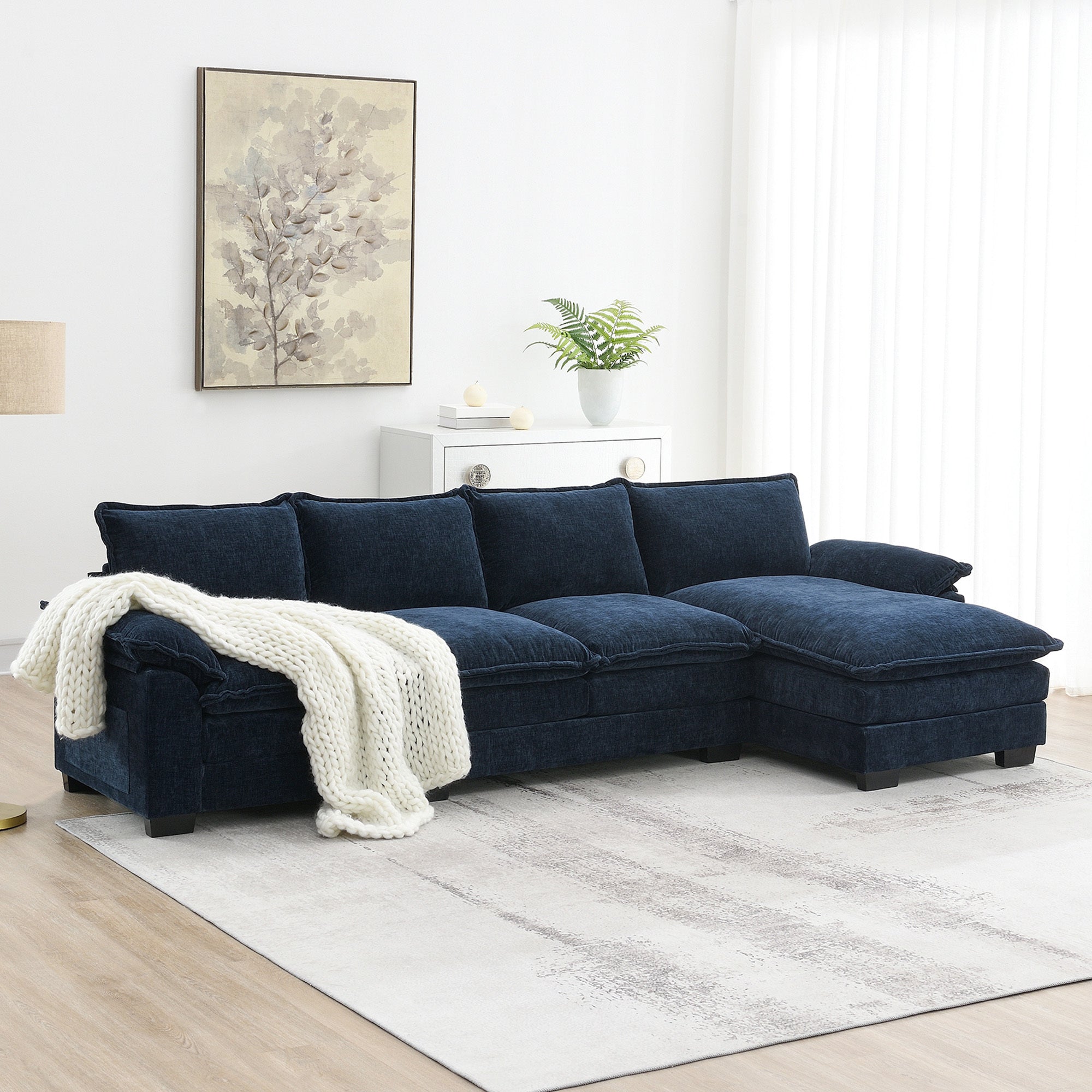 118*55" Modern L Shaped Chenille Cloud Sofa With Double Seat Cushions,5 Seat Upholstered Indoor Furniture,Sleeper Sofa Couch With Chaise Lounge For Living Room,Apartment,3 Colors Dark Navy Chenille 4 Seat