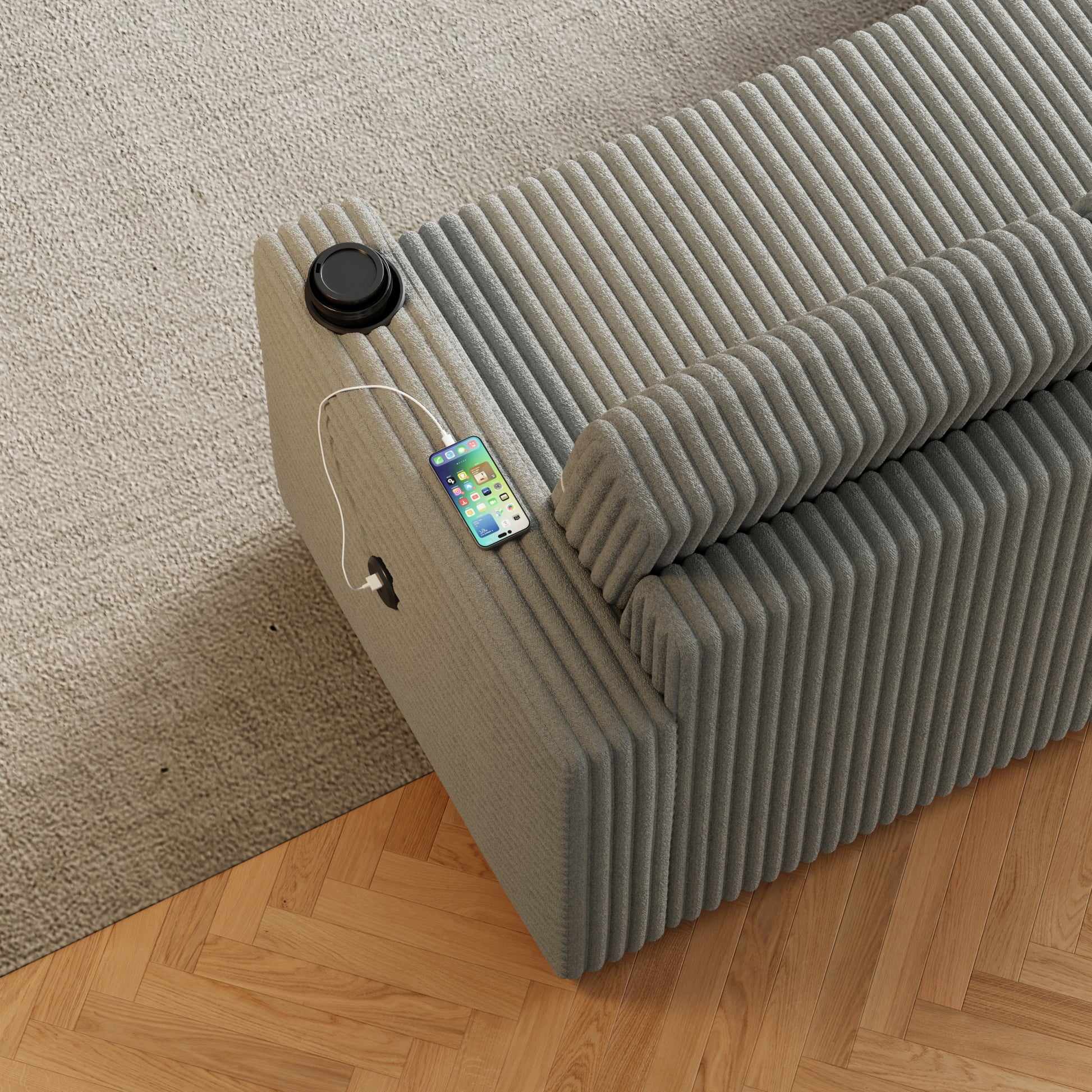 85 Inches Corduroy Sofa Bed, 3 Seater Sleeper Sofa With Storage Chaise, Square Handrail With Two Cup Holder And Usb Charge Port, Pull Out Couch For Living Room Light Grey Corduroy 3 Seat