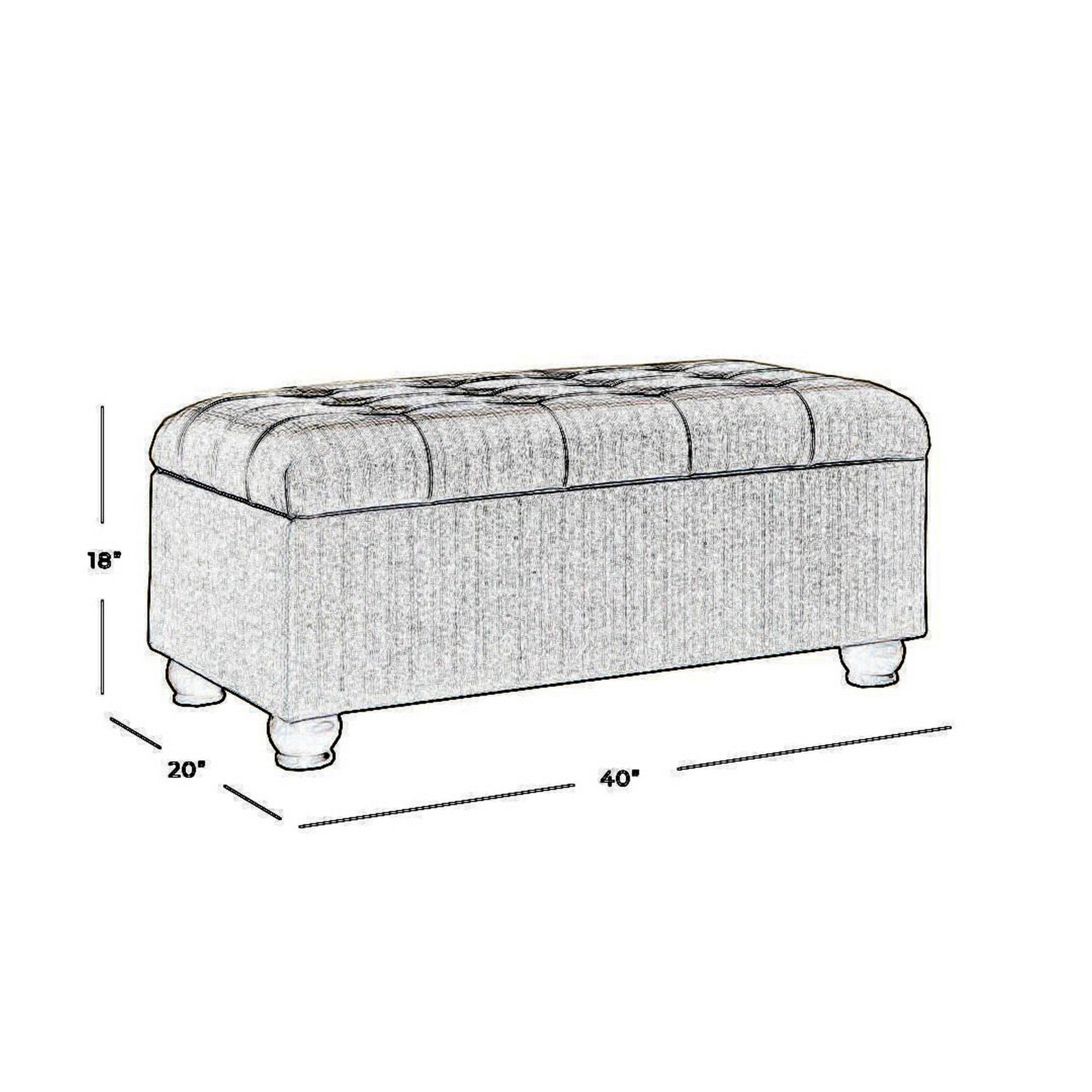 Textured Fabric Upholstered Button Tufted Storage Bench With Wooden Bun Feet, Gray And Brown Grey Brown Wood Fabric