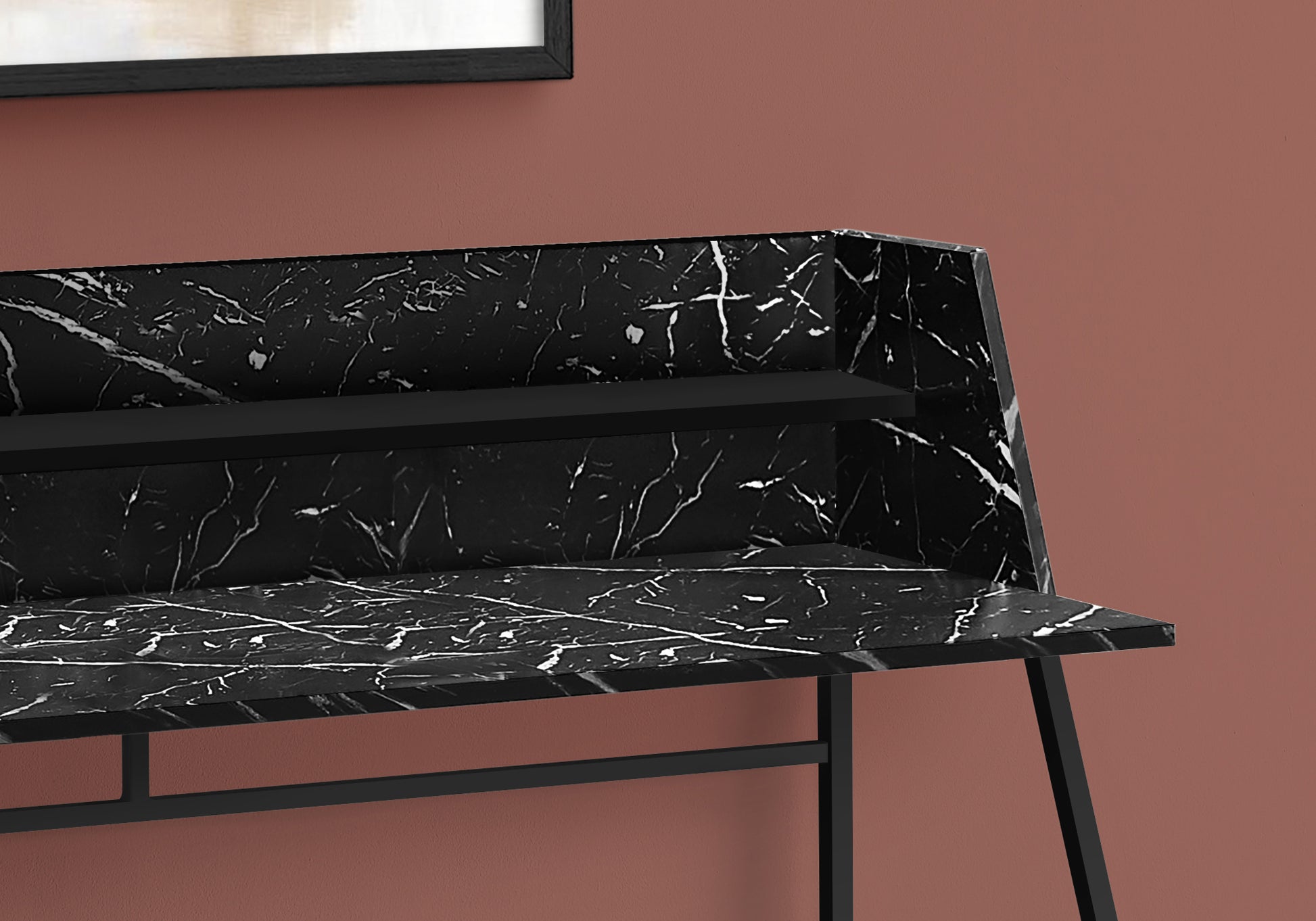 Computer Desk, Home Office, Laptop, Storage Shelves, 48"L, Work, Black Marble Look Laminate, Black Metal, Contemporary, Modern Black Particle Board