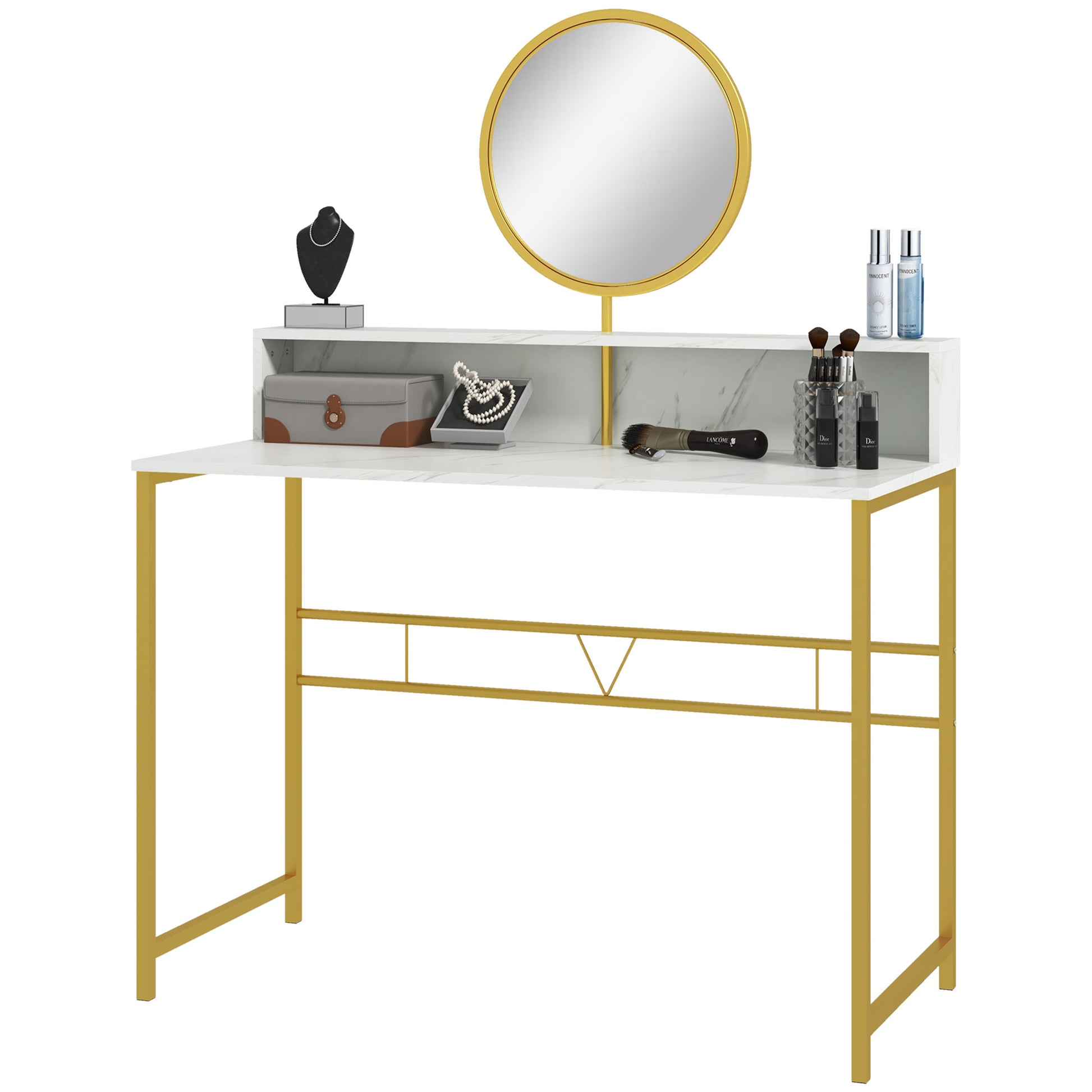 Homcom Modern Vanity Makeup Desk With Mirror, Dressing Table With Open Storage, Faux Marble Finish And Steel Frame For Bedroom, White And Gold White Steel