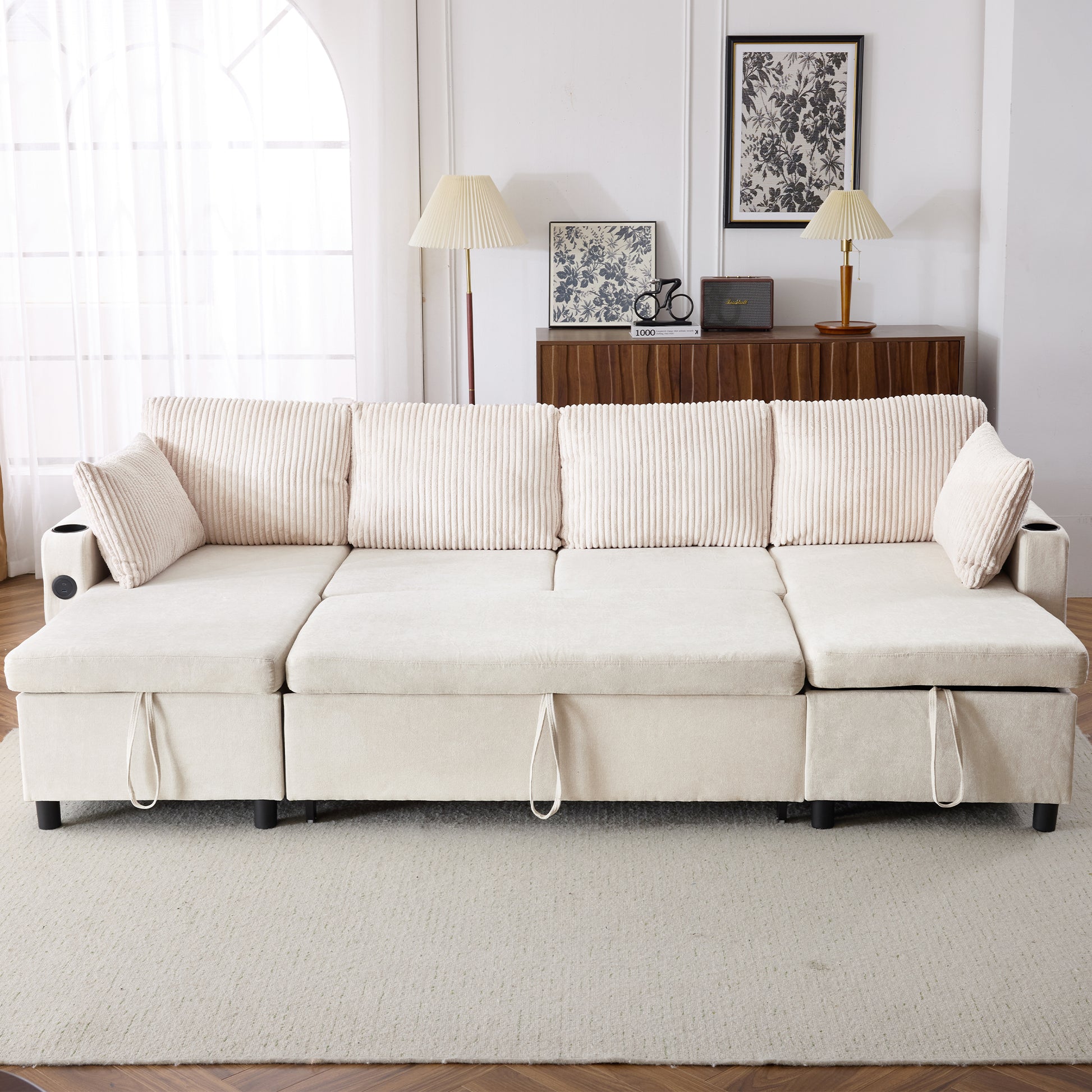 111.8" Sectional Sofa Pull Out Sofa Bed Versatile Sofa Sleeper With Large Storage Space, Two Usb Ports And Two Cup Holders For Living Room, Beige Beige Foam Chenille 4 Seat