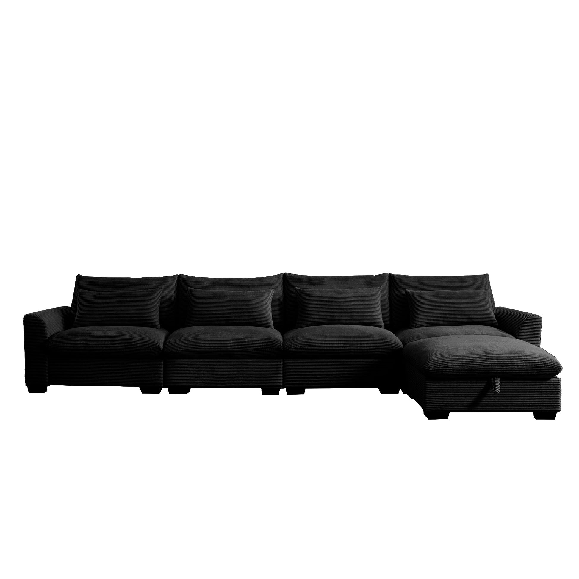 Large L Shape Sectional Corduroy Sofa,Deep Seat Couch With Storage Footstool And 4 Waist Pillows, Black Black Corduroy 4 Seat