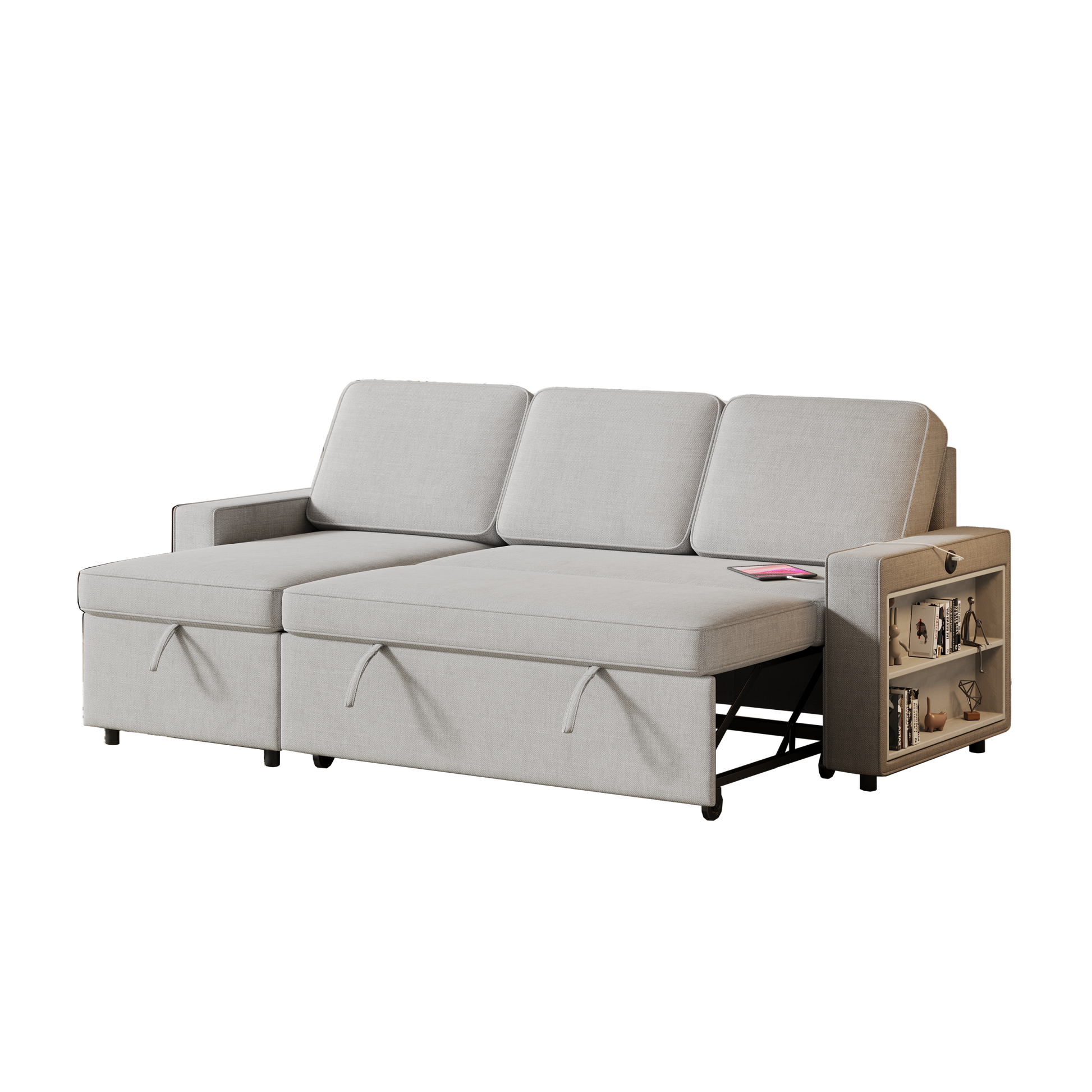 85.8" Pull Out Sleeper Sofa L Shaped Couch Convertible Sofa Bed With Storage Chaise And Storage Racks,With Usb Port And T Pyce Port Light Grey Fabric 3 Seat