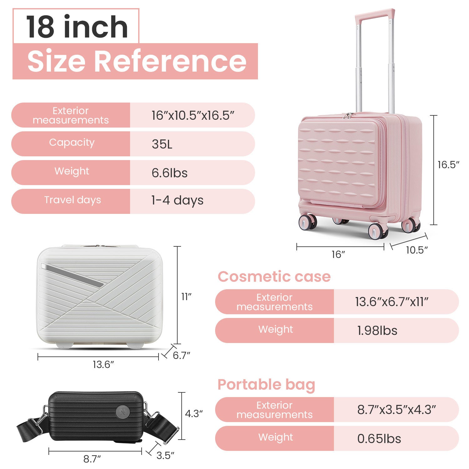 18" Carry On Luggage With Front Open Door &Laptop Interlayer, Hard Shell Suitcase Built In Tsa Luggage Lock, Hardside Lightweight Pc Travel Suitcase For Women Men With Spinner Wheels Airline Approved Pink Pc