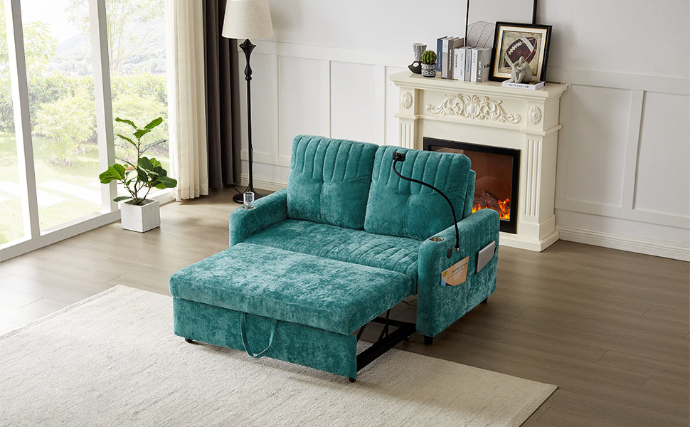 53.9" Modern Loveseat Pull Out Sofa Bed With Adjustable Backrest, Two Cup Holdersa Phone Holder, Three Charging Ports And Side Storage Pockets For Living Room, Teal Teal Foam Chenille