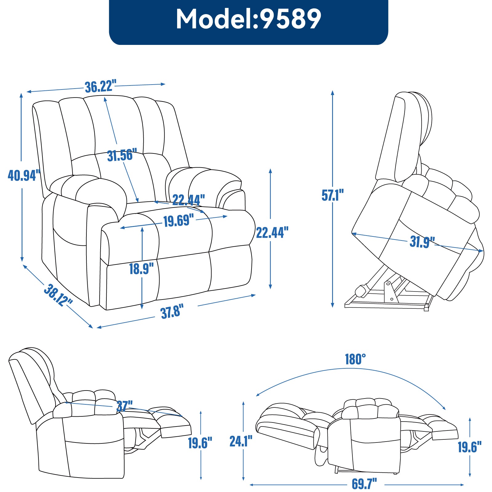 Dual Motor Heat Massage Infinite Position Up To 350 Lbs Electric Power Lift Recliners With Power Remote, Medium Firm And Heavy Duty, Blue Blue Chenille Power Remote Metal Primary Living Space Medium Firm Pillow Back Heavy Duty American Design Pine Pillow