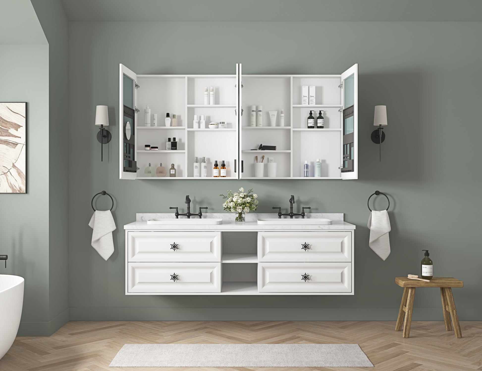 72'' W X 36'' H Surface Frameless Mirror Medicine Cabinet, Beveled Mirror Edges Bathroom Medicine Cabinet White Engineered Wood