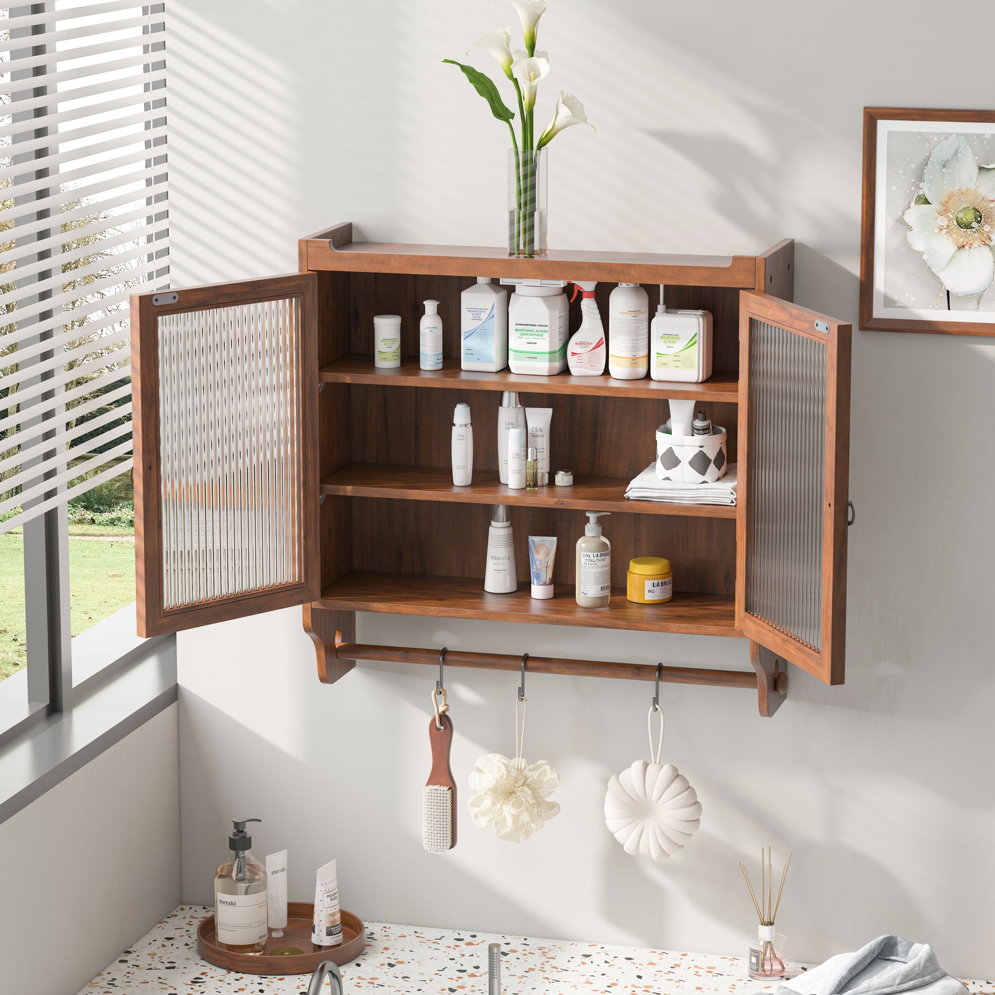 24.8"Glass Door Vintage Double Door Wall Cabinet With Three Tiers Of Storage With Towel Rack, For Bathroom, Kitchen,Dining Room,Brown Brown Glass