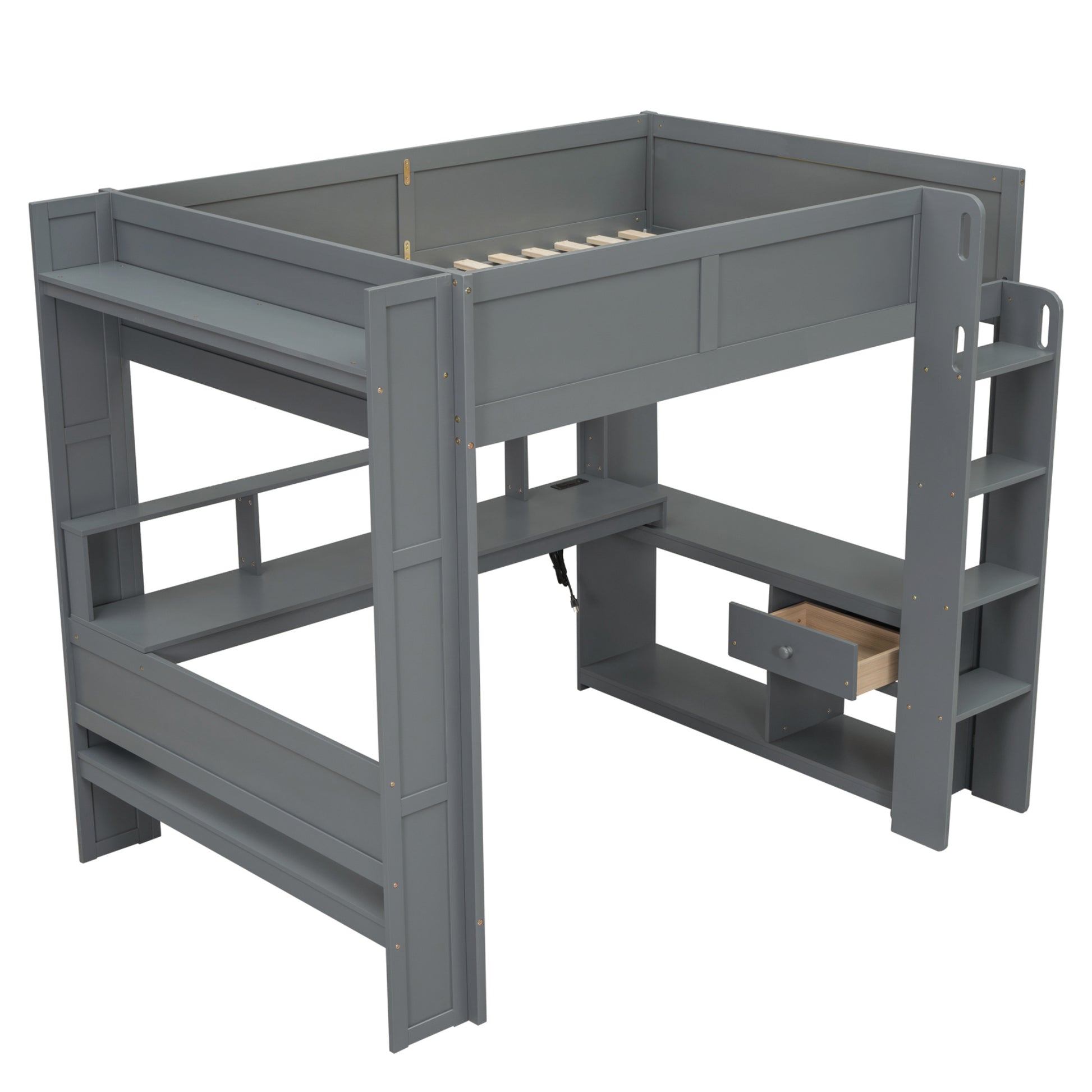 Wood Full Size Gaming Loft Bed With Desk, Multi Storage Shelves, Led And Charging Station, Dark Gray Box Spring Not Required Full Dark Gray Wood Bedroom Bed Frame Solid Wood Mdf