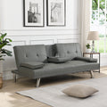 Sofa Bed With Armrest Two Holders Wood Frame, Stainless Leg, Futon Grey Pvc Grey Leather 2 Seat