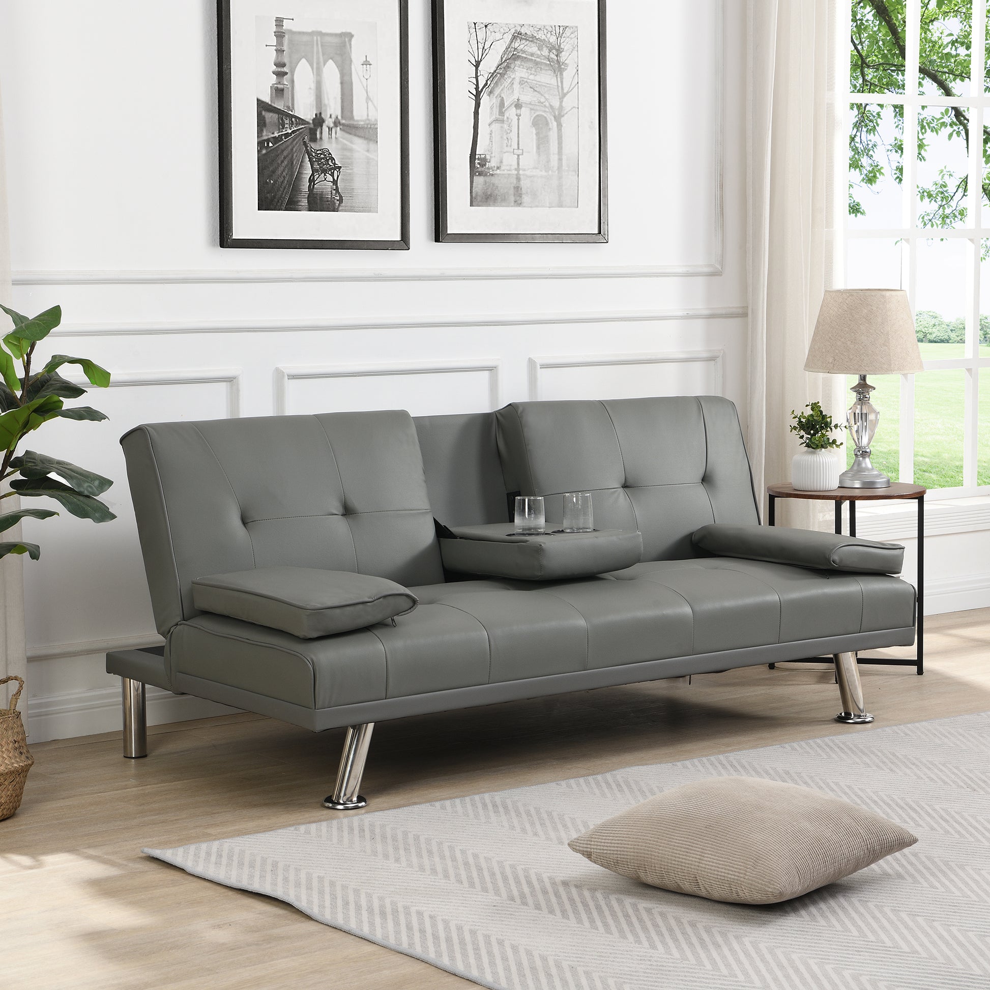 Sofa Bed With Armrest Two Holders Wood Frame, Stainless Leg, Futon Grey Pvc Grey Leather 2 Seat