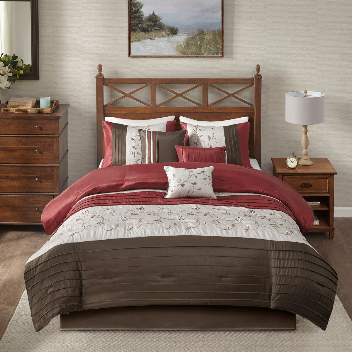 Embroidered 7 Piece Comforter Set Red Cal King California King Red Polyester
