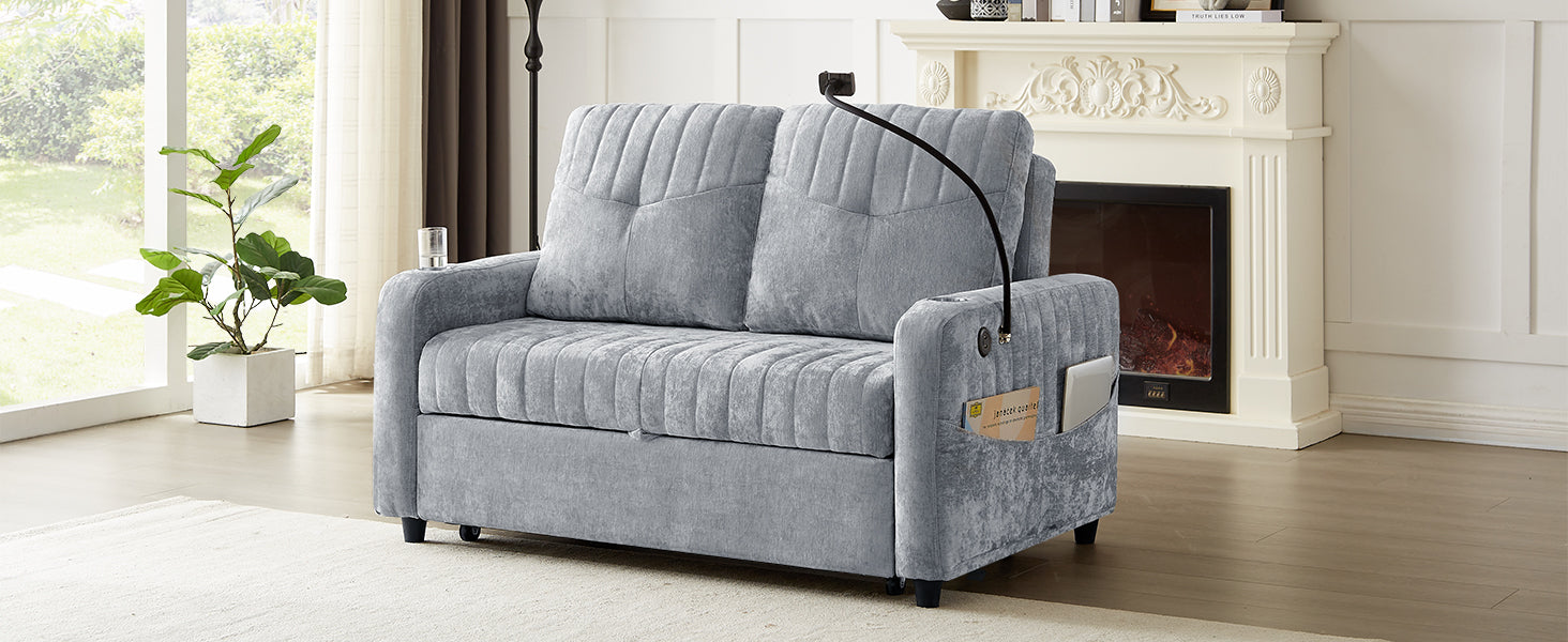 53.9" Modern Loveseat Pull Out Sofa Bed With Adjustable Backrest, Two Cup Holdersa Phone Holder, Three Charging Ports And Side Storage Pockets For Living Room, Grey Grey Foam Chenille