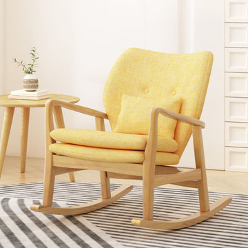 Elegant Solid Wood Rocking Chair With Yellow Linen Cushion Yellow Fabric