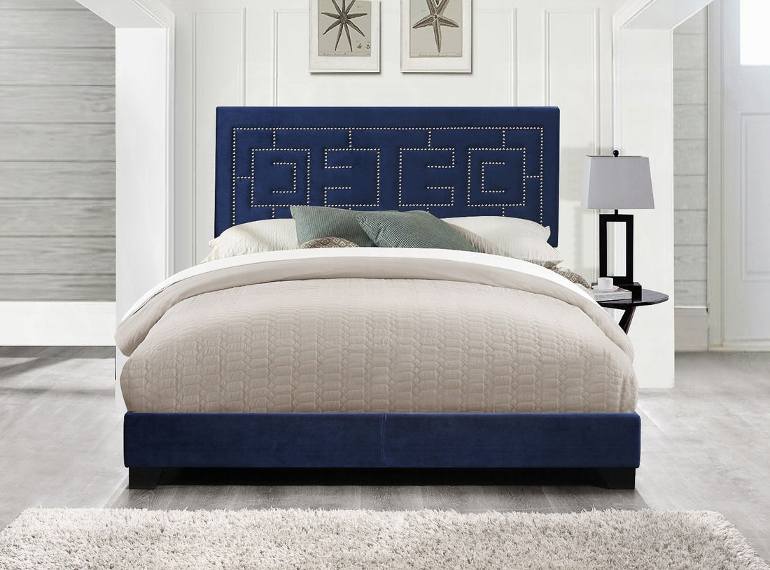 Dark Blue Eastern King Panel Bed With Trim Box Spring Required King Dark Blue Wood Bedroom Contemporary Panel Linen Wood Fabric