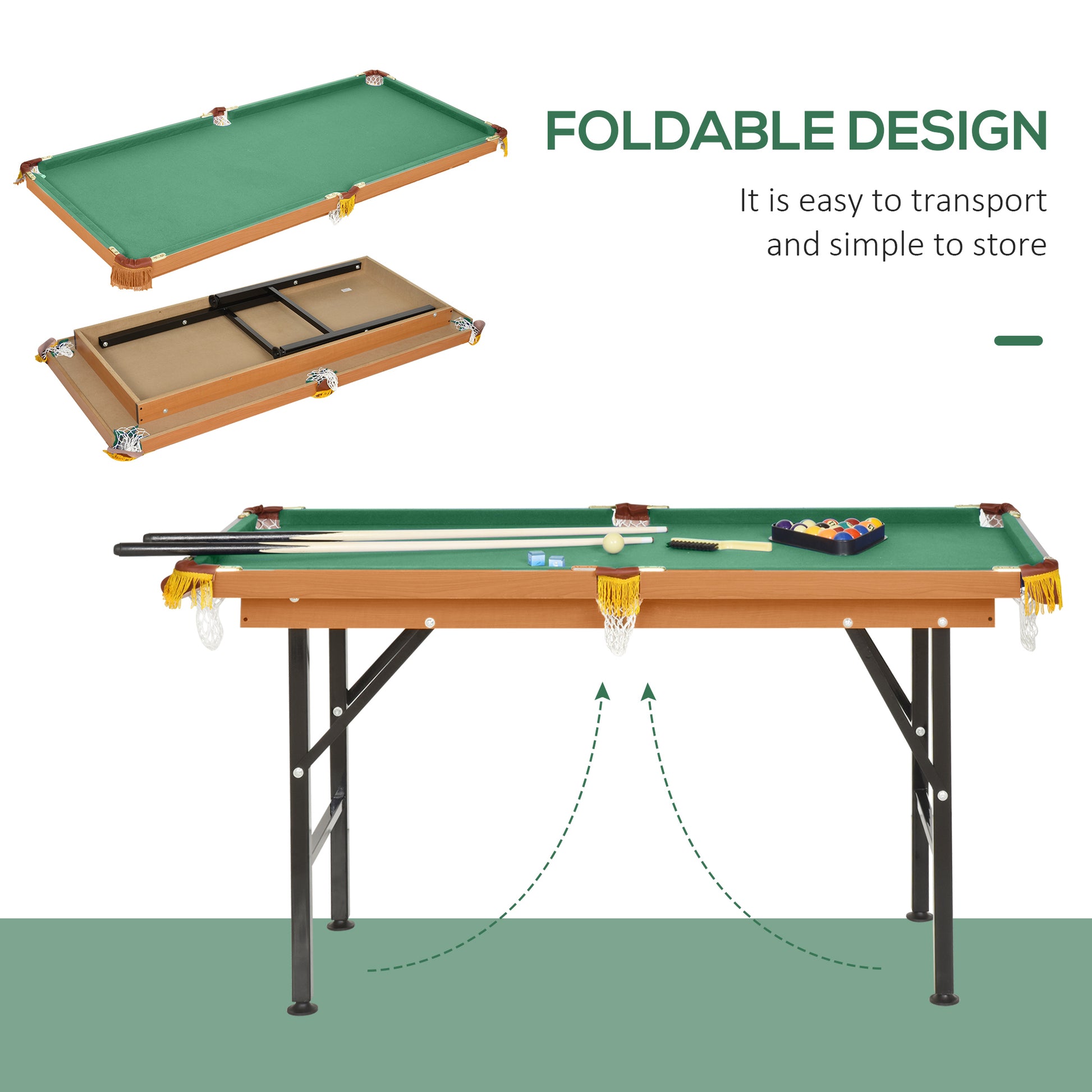 Soozier 55" Portable Folding Billiards Table Game Pool Table For Whole Family Number Use With Cues, Ball, Rack, Chalk, Green Green Mdf Steel