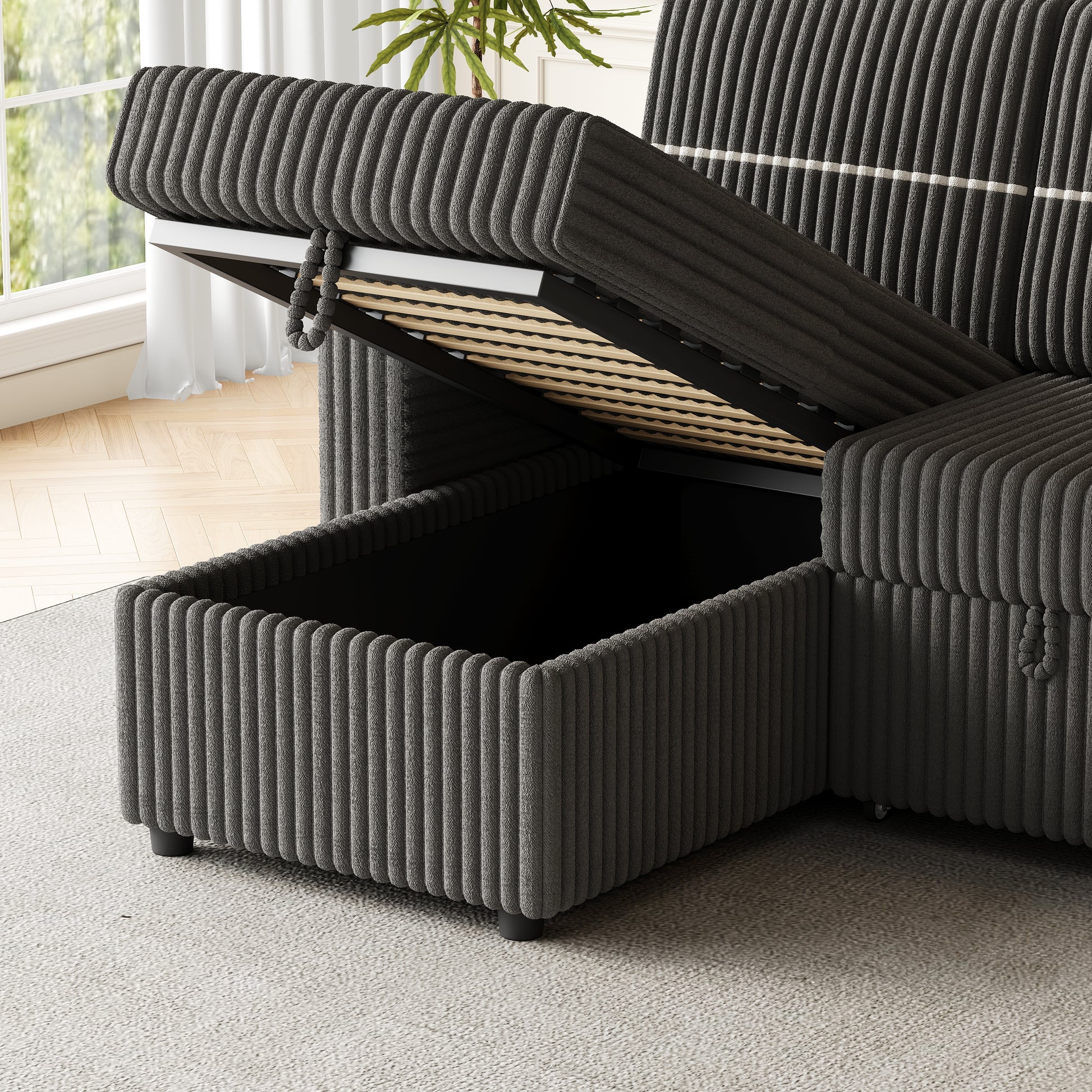 85 Inches Corduroy Sofa Bed, 3 Seater Sleeper Sofa With Storage Chaise, Square Handrail With Two Cup Holder And Usb Charge Port, Pull Out Couch For Living Room Dark Grey Corduroy 3 Seat