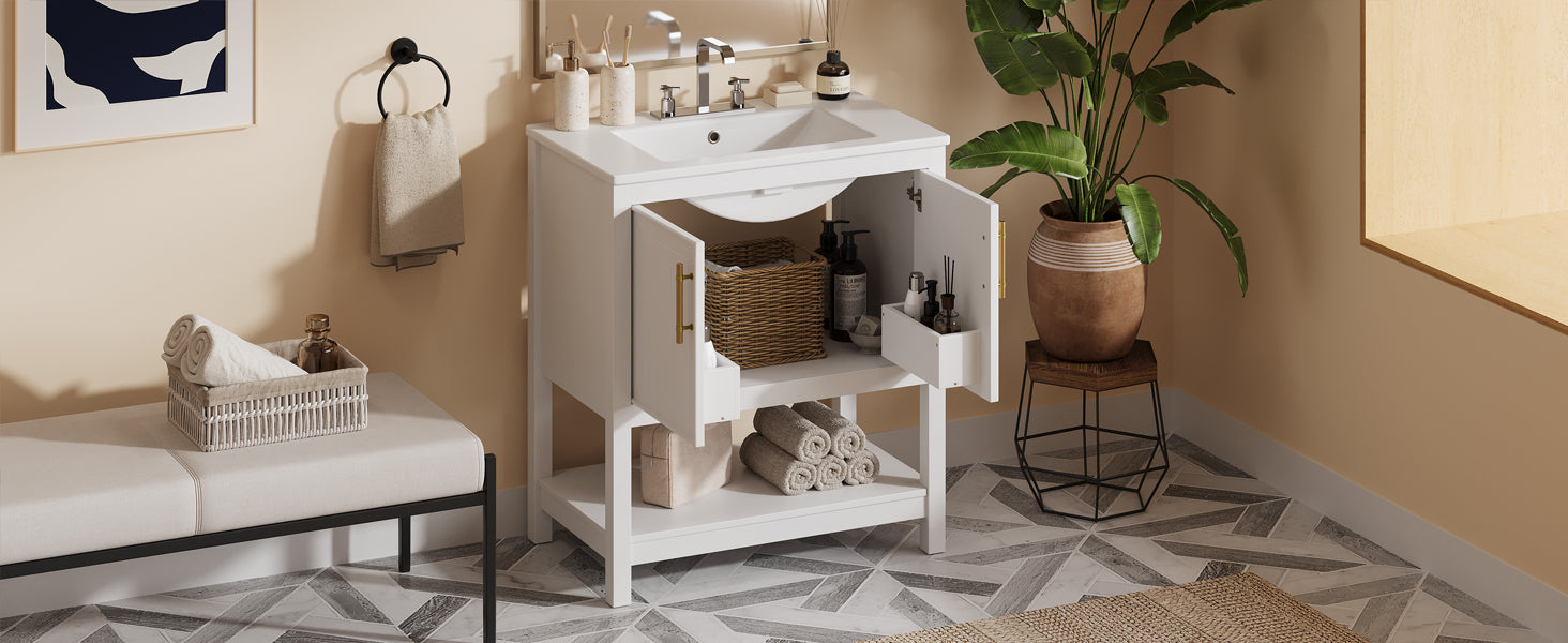 30 Inch White Bathroom Vanity With Ceramic Sink And Versatile Storage Ideal For Small Bathrooms White Bathroom Solid Wood Mdf